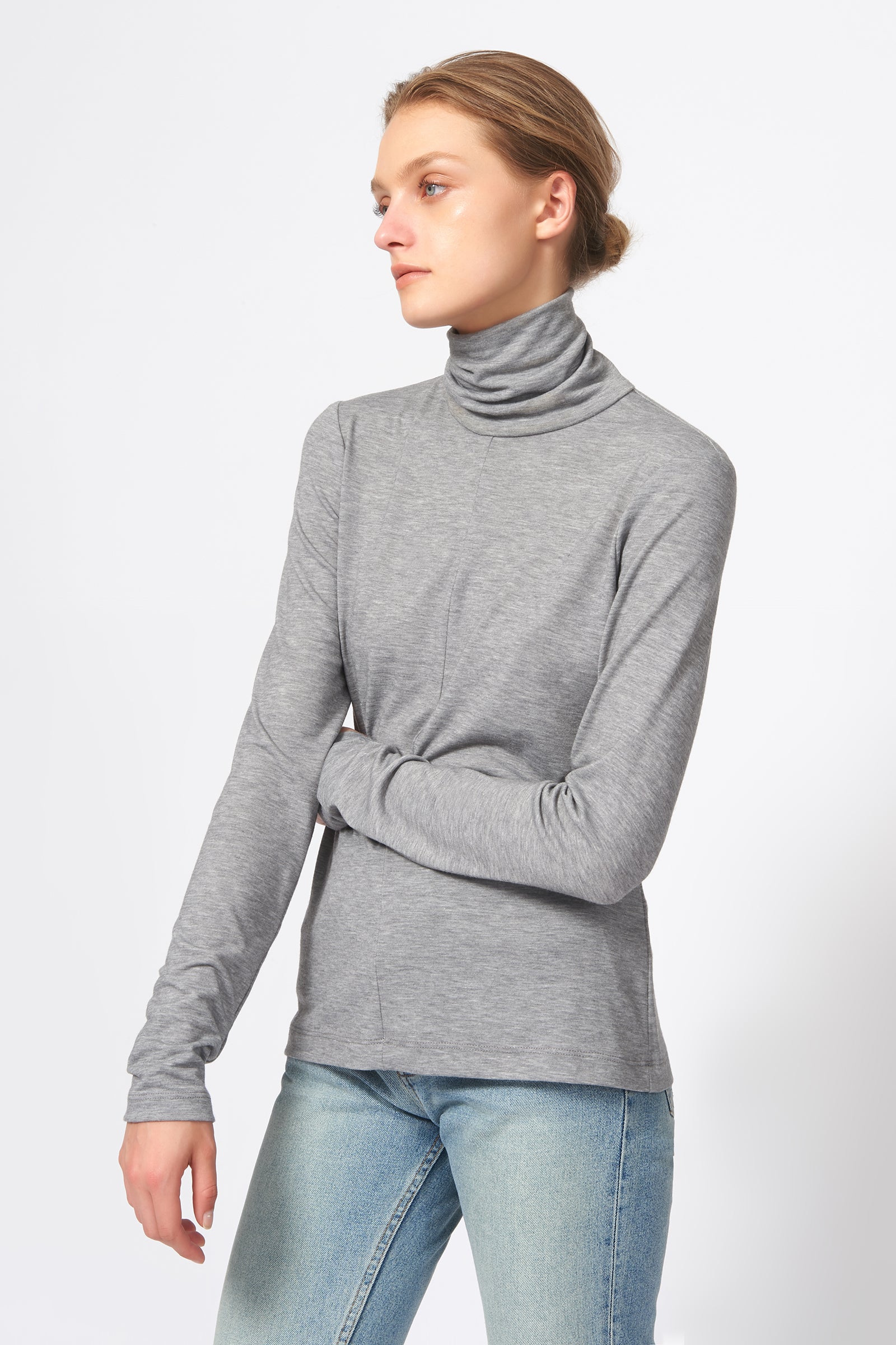 Kal Rieman Seamed Turtleneck in Grey on Model Front Side View