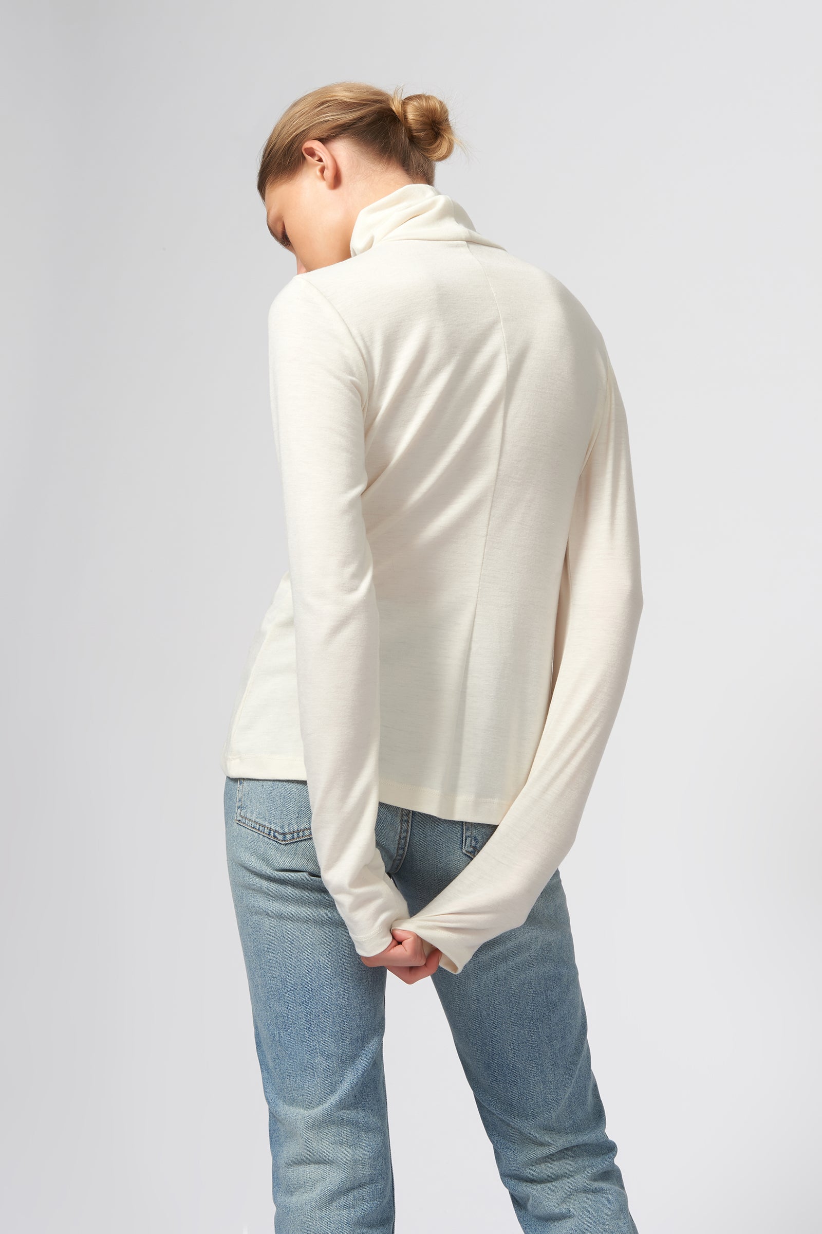 Kal Rieman Seamed Turtleneck in Ivory on Model Back View