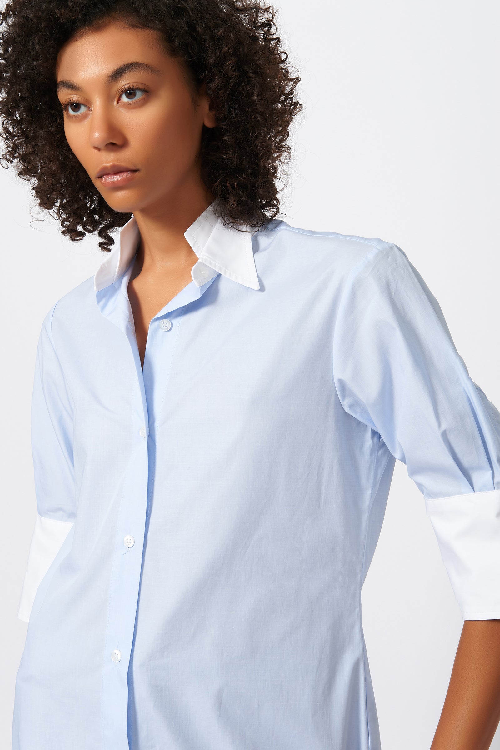 Kal Rieman Double Collar Shirt in Oxford and White Cotton Poplin on Model Front Detail View
