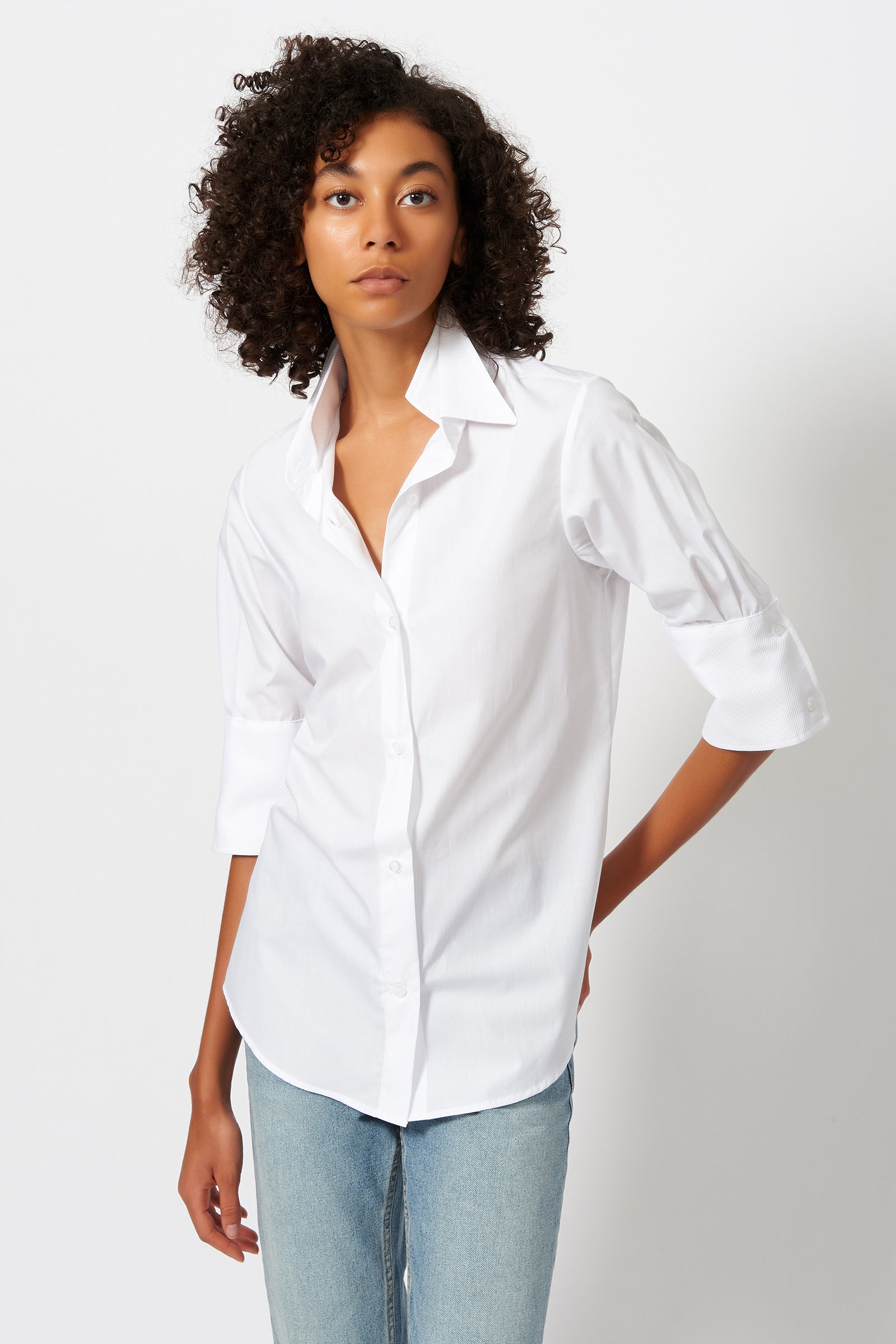 Kal Rieman Double Collar Shirt in White Poplin with Pique on Model Front View
