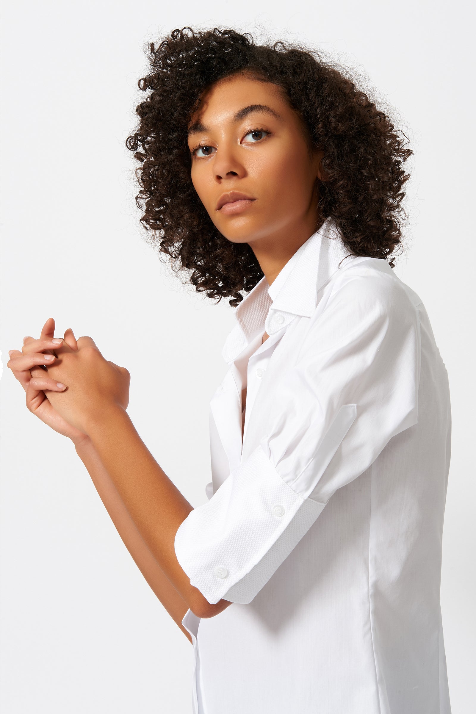 Kal Rieman Double Collar Shirt in White Poplin with Pique on Model Side Detail View