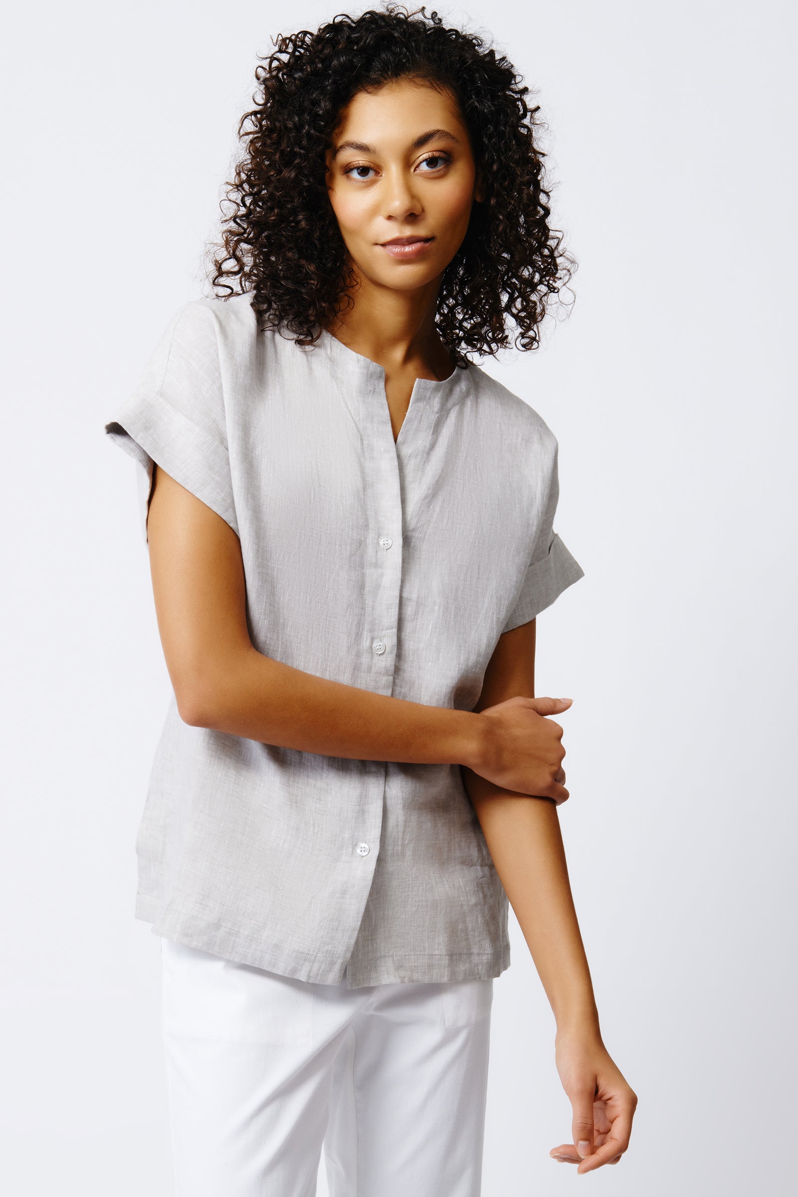 Kal Rieman Natalie Short Sleeve Placket Shirt in Beige on Model Front View Crop