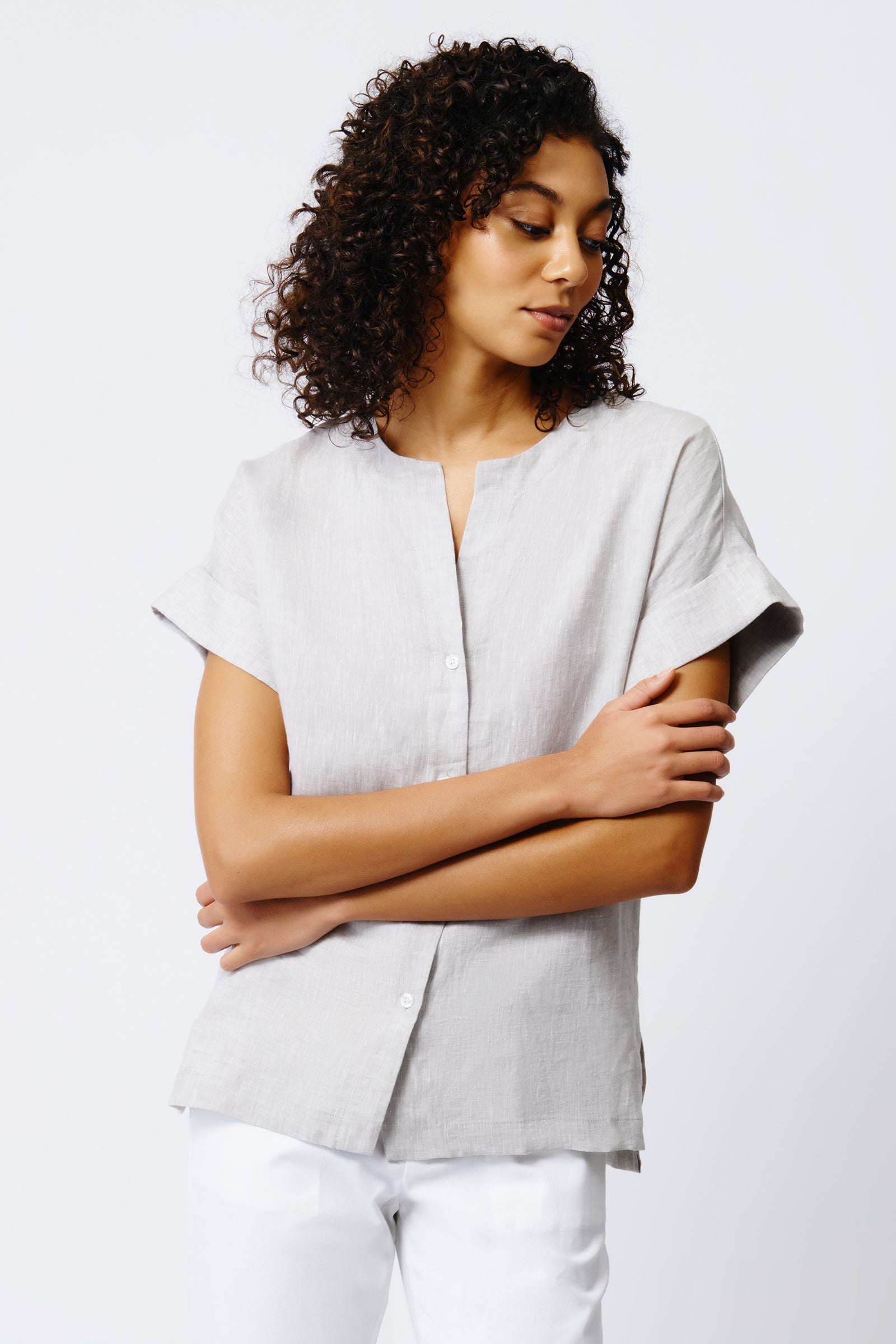 Kal Rieman Natalie Short Sleeve Placket Shirt in Beige on Model Front View Crop 2