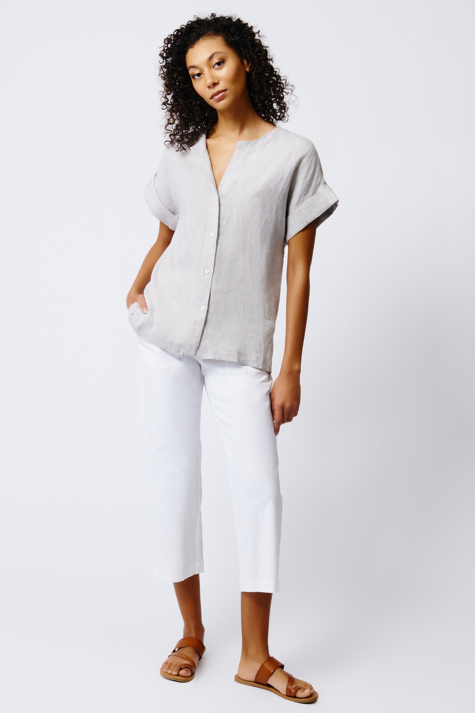 Kal Rieman Natalie Short Sleeve Placket Shirt in Beige on Model Full Front View
