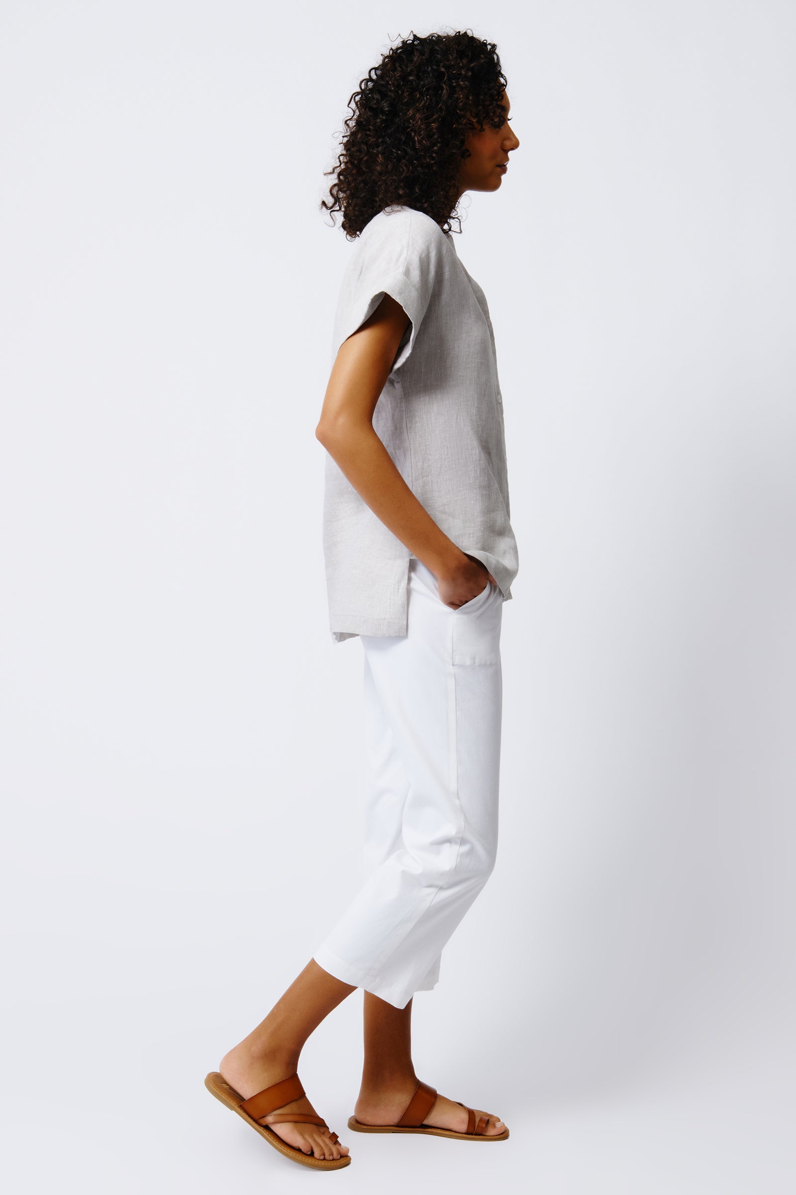 Kal Rieman Natalie Short Sleeve Placket Shirt in Beige on Model Full Side View