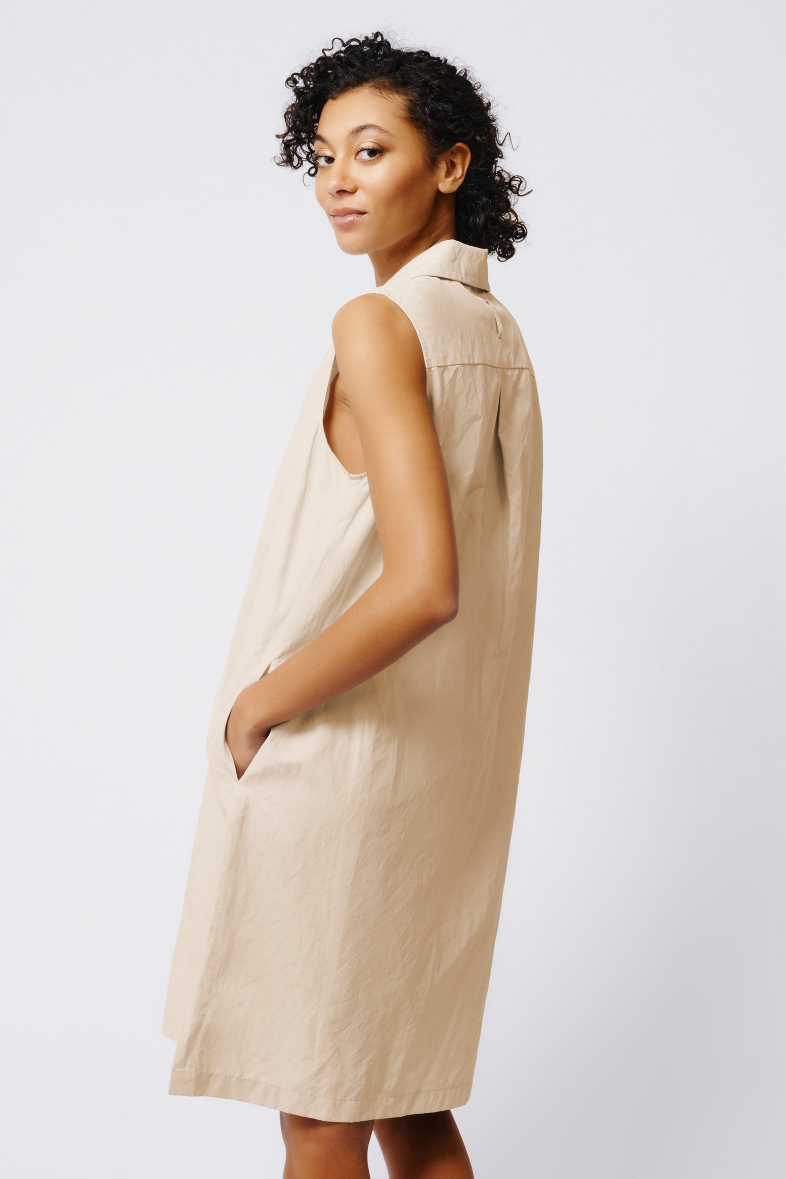 Kal Rieman Eden Sleeveless Collared V Neck Dress in Khaki on Model Back View Crop 2