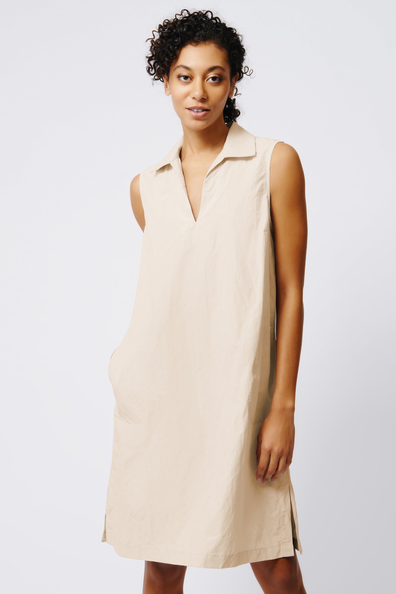 Kal Rieman Eden Sleeveless Collared V Neck Dress in Khaki on Model Front View Crop 4