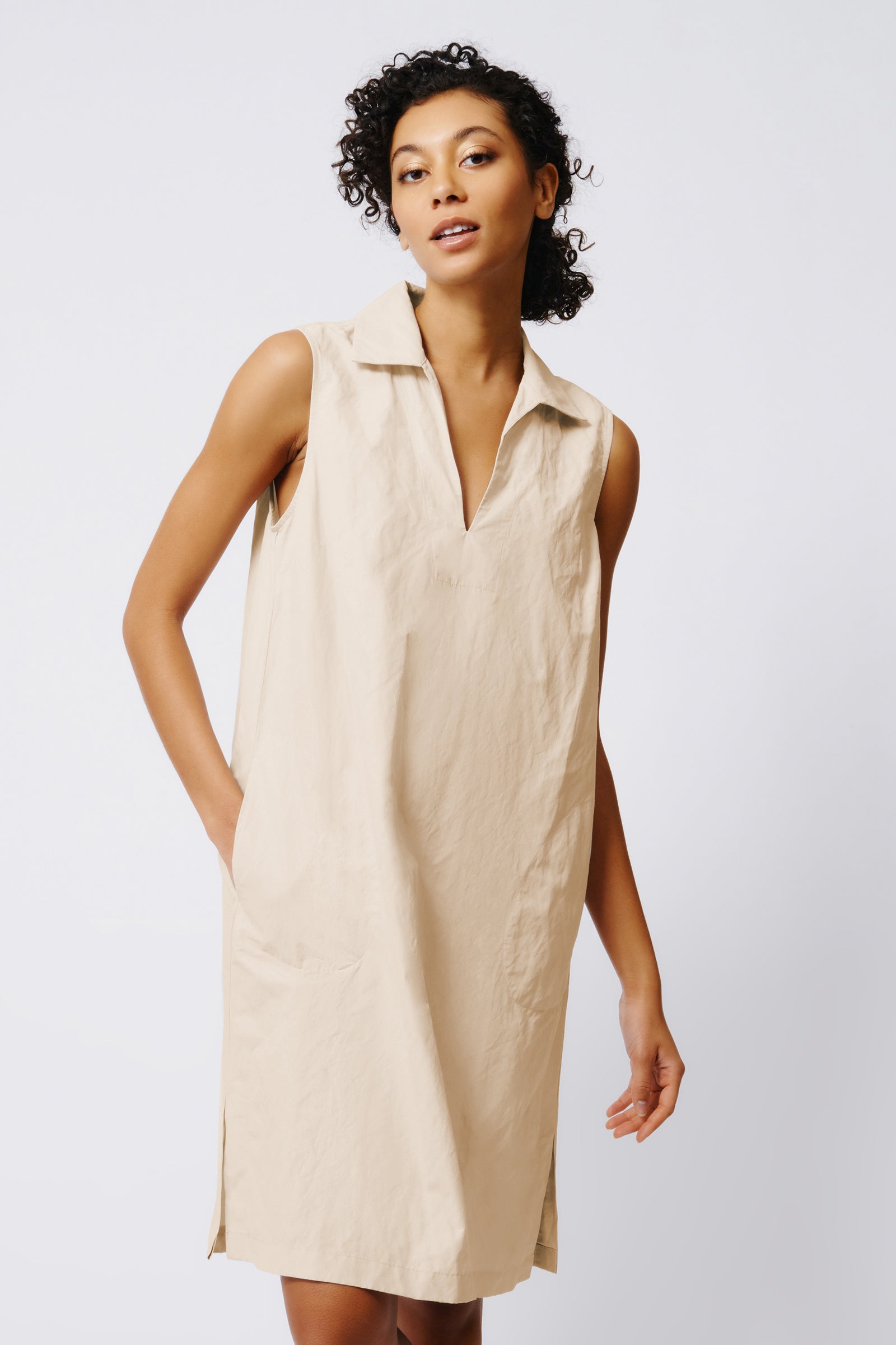 Kal Rieman Eden Sleeveless Collared V Neck Dress in Khaki on Model Front View Crop 5