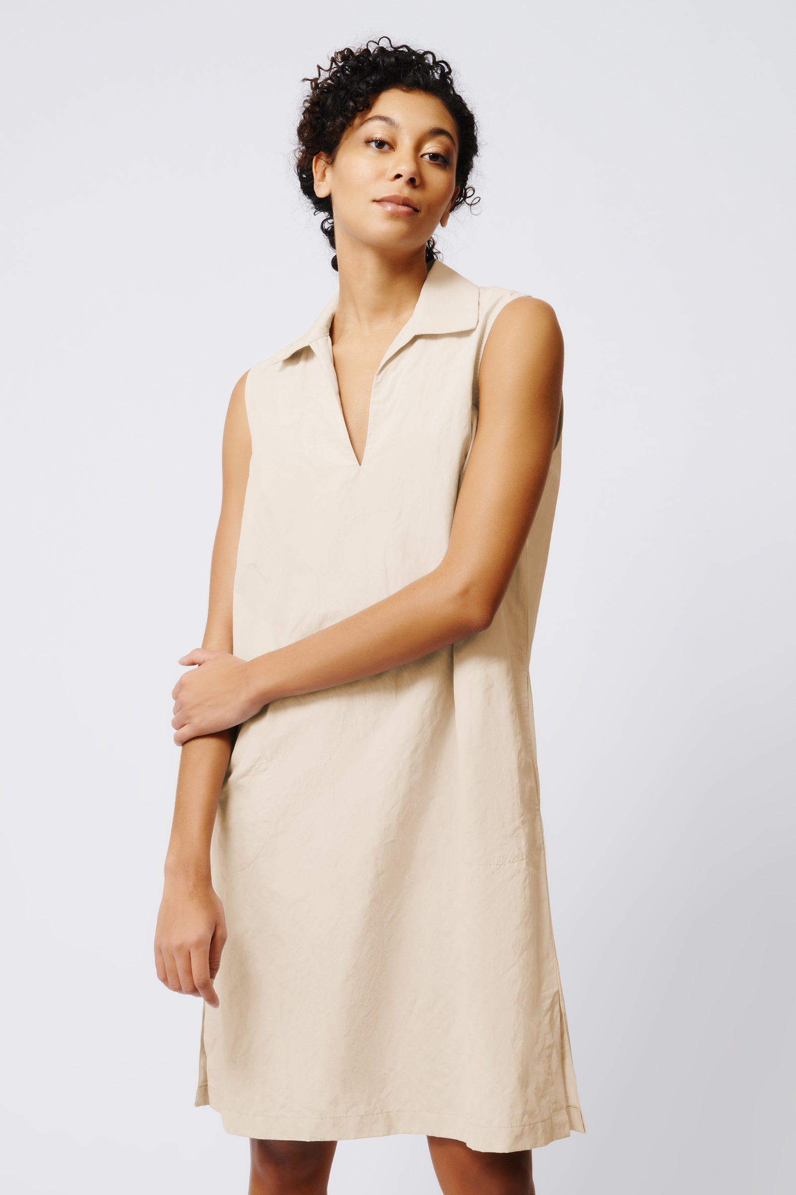 Kal Rieman Eden Sleeveless Collared V Neck Dress in Khaki on Model Front View Crop