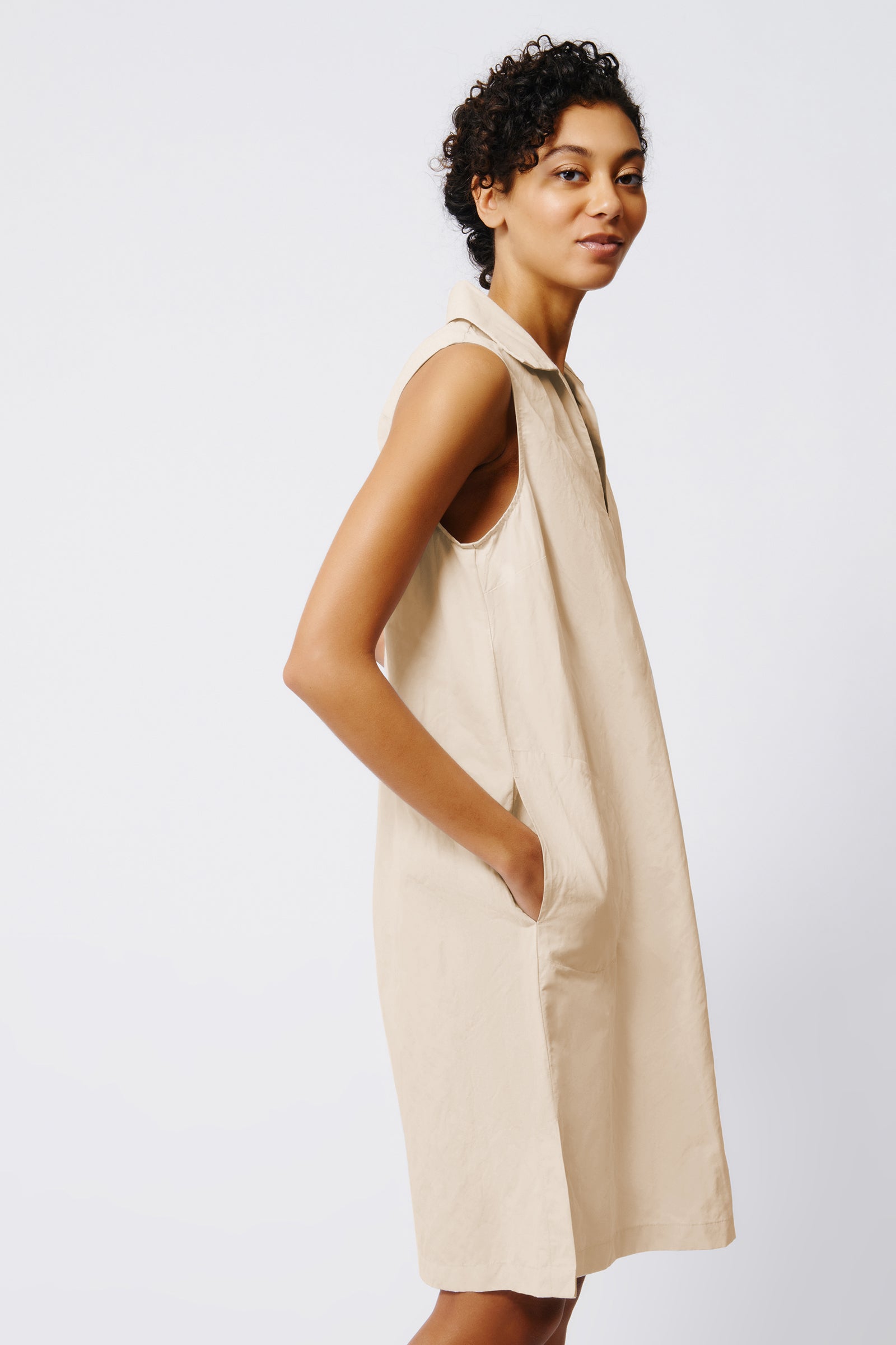Kal Rieman Eden Sleeveless Collared V Neck Dress in Khaki on Model Side View Crop 2