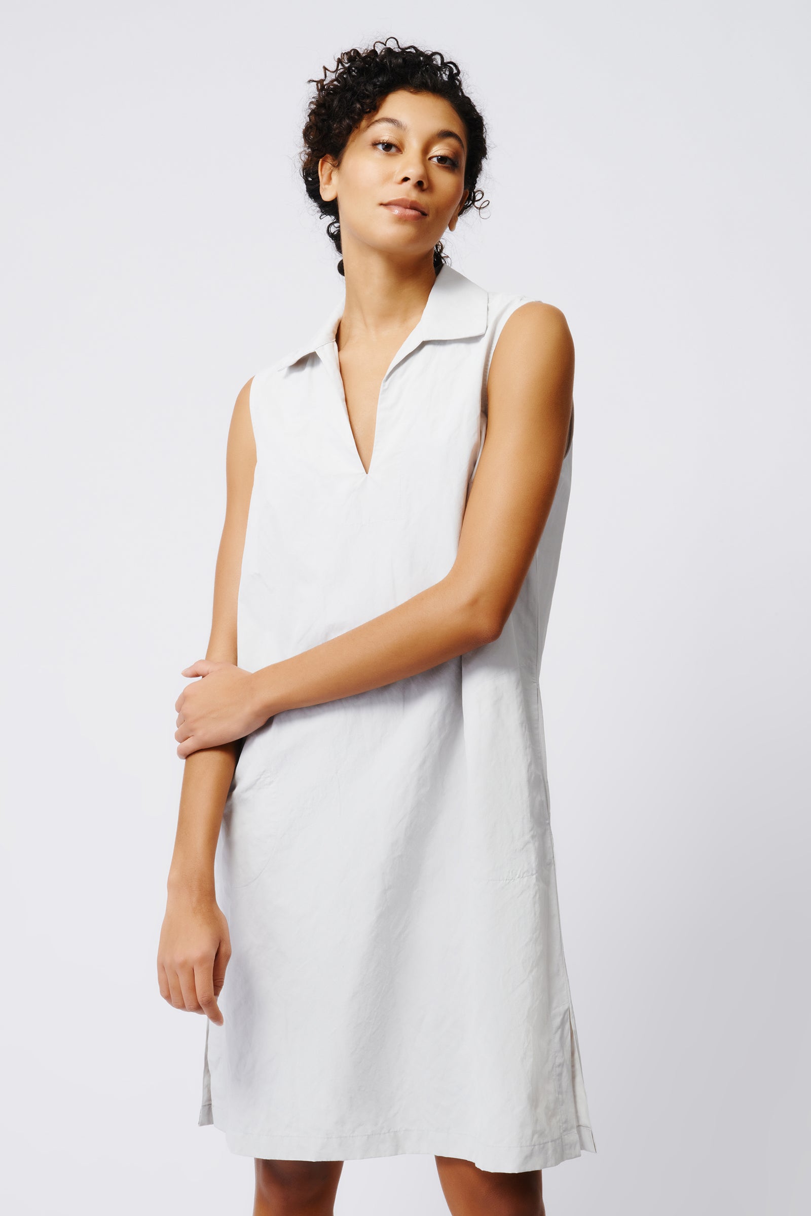 Kal Rieman Eden Sleeveless Collared V Neck Dress in Stone on Model Front View Crop