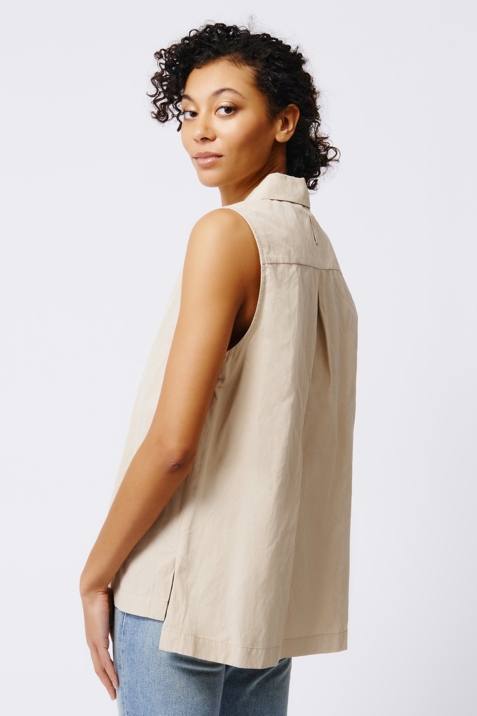 Kal Rieman Rita Sleeveless Collared V Neck in Khaki on Model Back View Crop