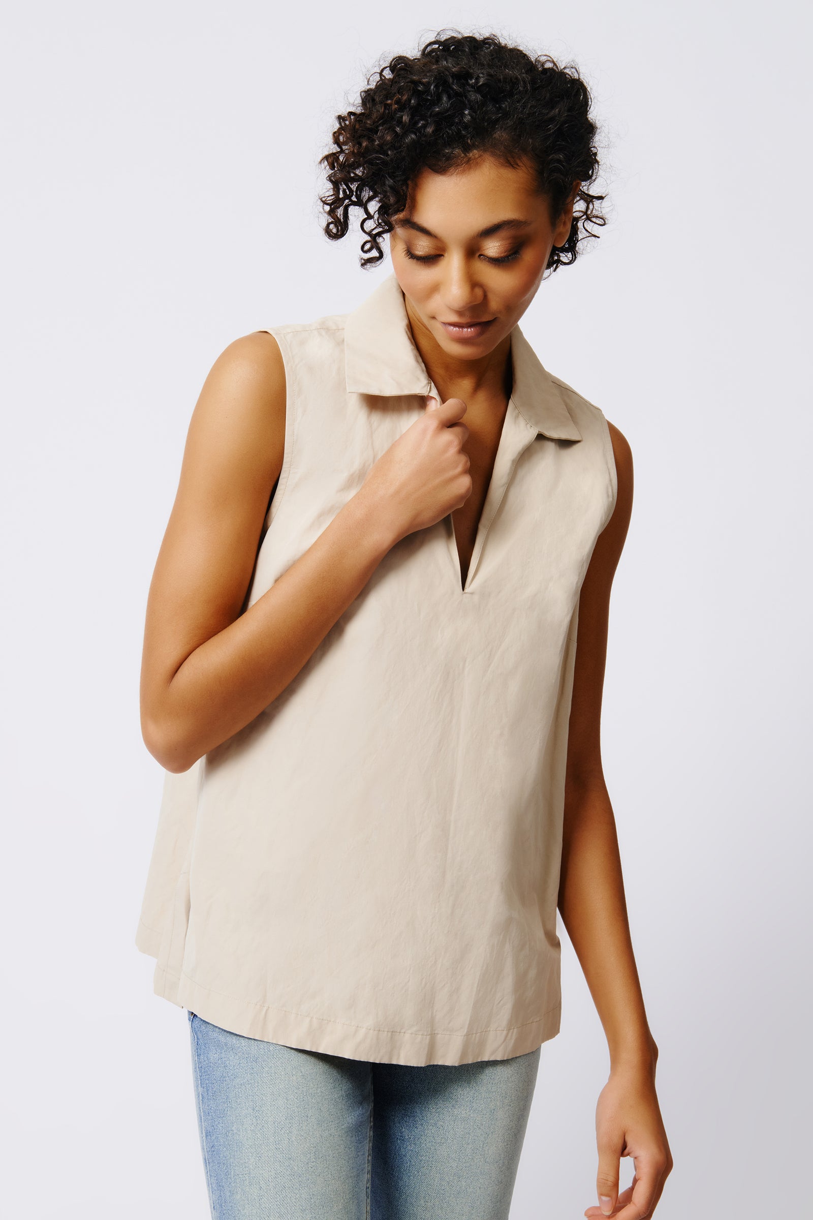 Kal Rieman Rita Sleeveless Collared V Neck in Khaki on Model Front View Crop