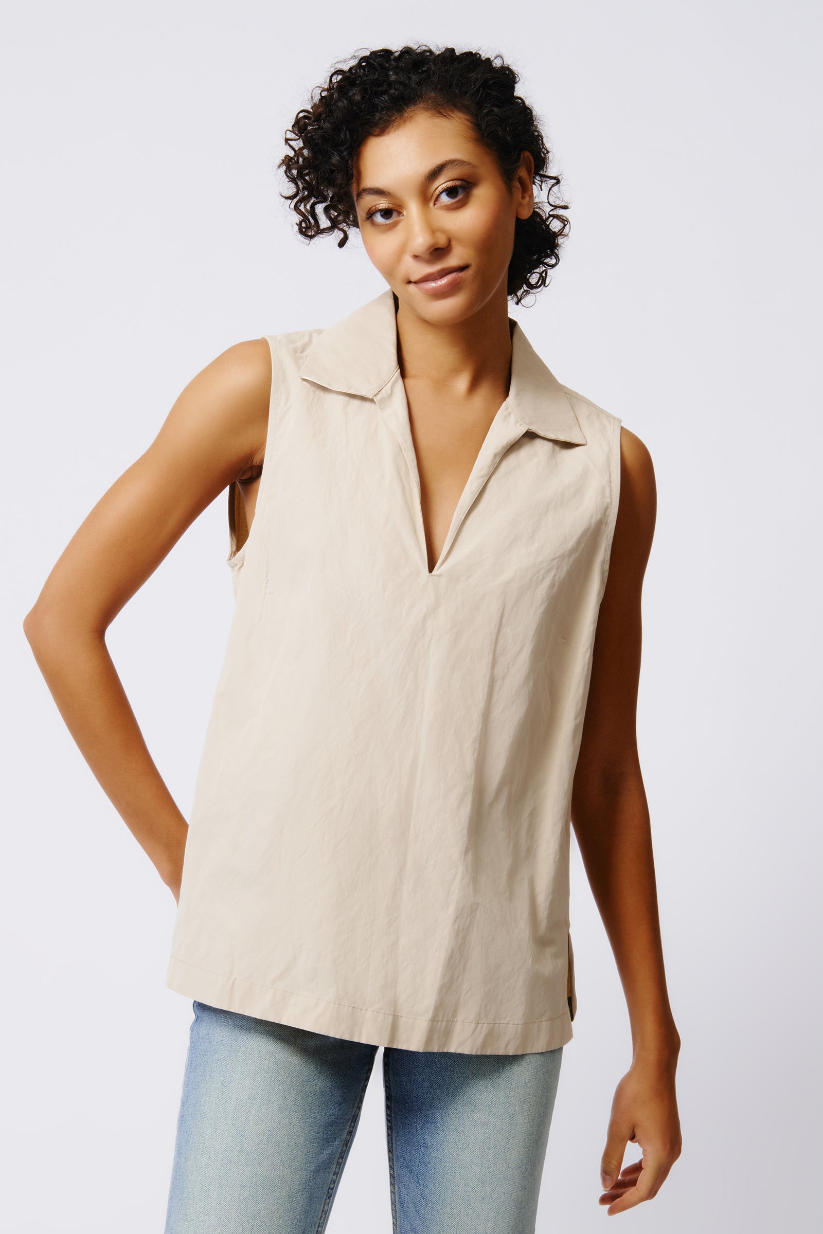 Kal Rieman Rita Sleeveless Collared V Neck in Khaki on Model Front View Crop 2