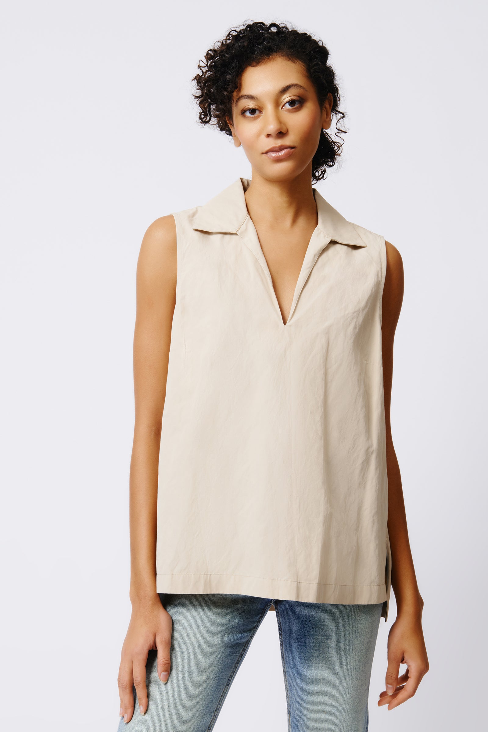 Kal Rieman Rita Sleeveless Collared V Neck in Khaki on Model Front View Crop 3