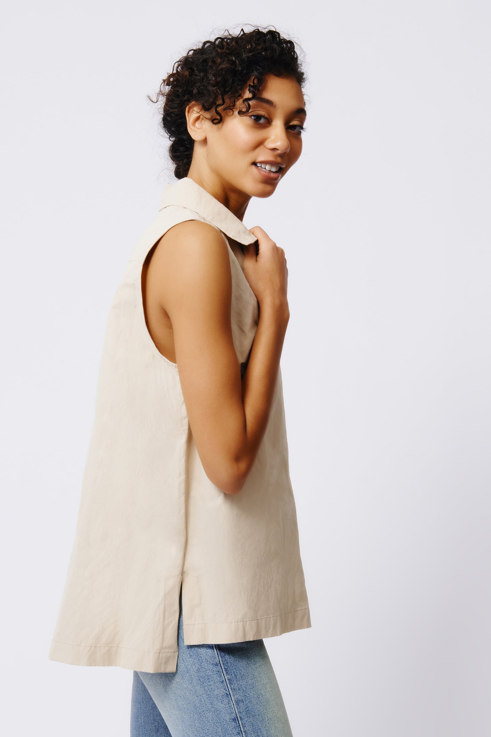 Kal Rieman Rita Sleeveless Collared V Neck in Khaki on Model Side View Crop