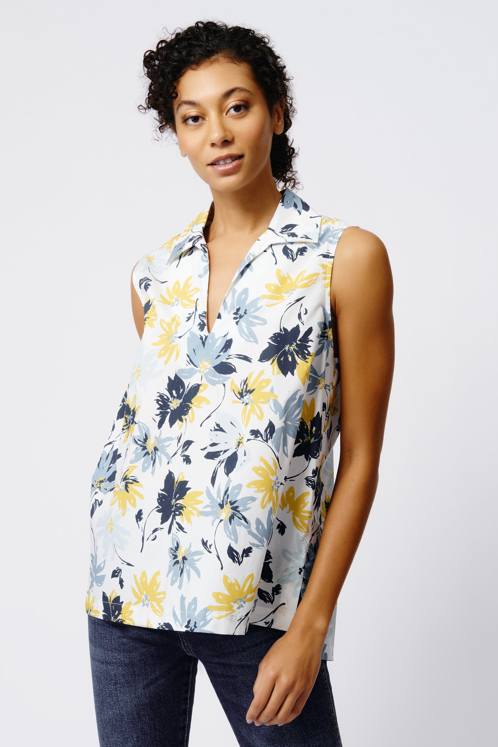 Kal Rieman Rita Sleeveless Collared V Neck in Seafoam Floral on Model Front View Crop 3