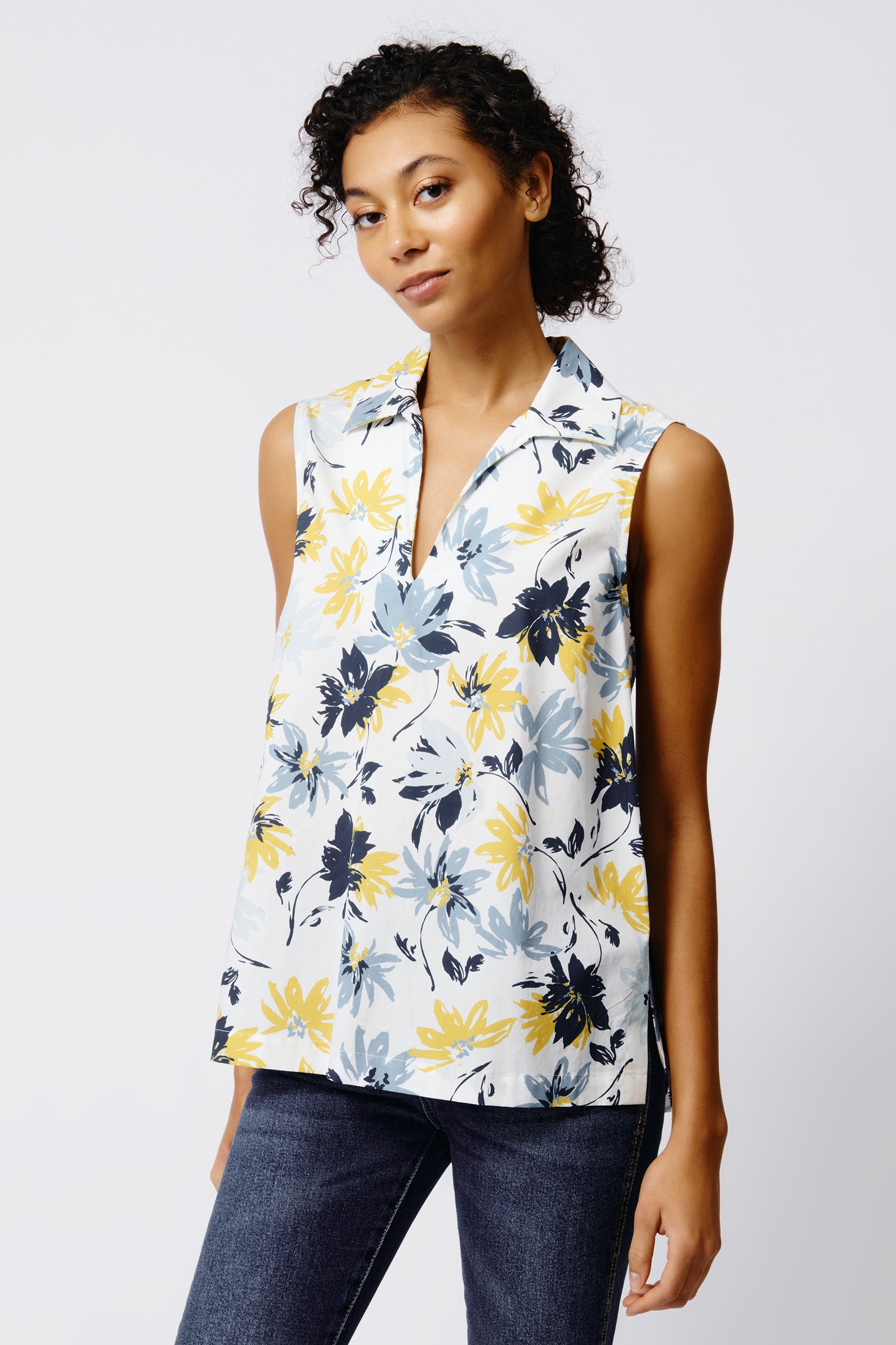 Kal Rieman Rita Sleeveless Collared V Neck in Seafoam Floral on Model Front View Crop 4