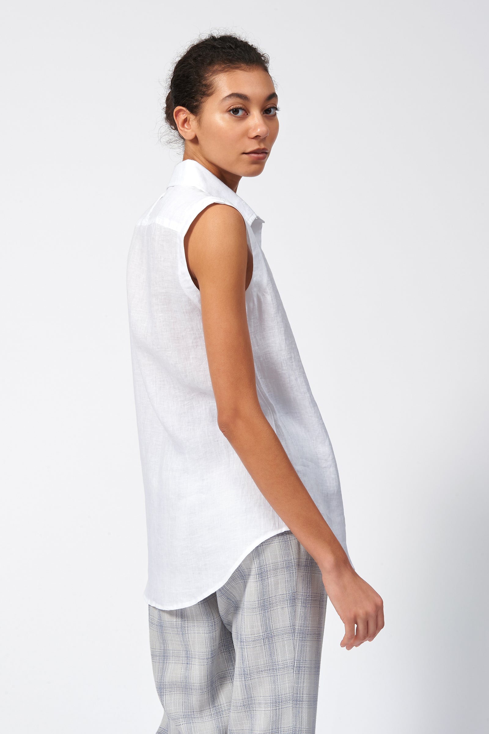 Kal Rieman Sleeveless Summer Shirt in White Linen on Model Back View