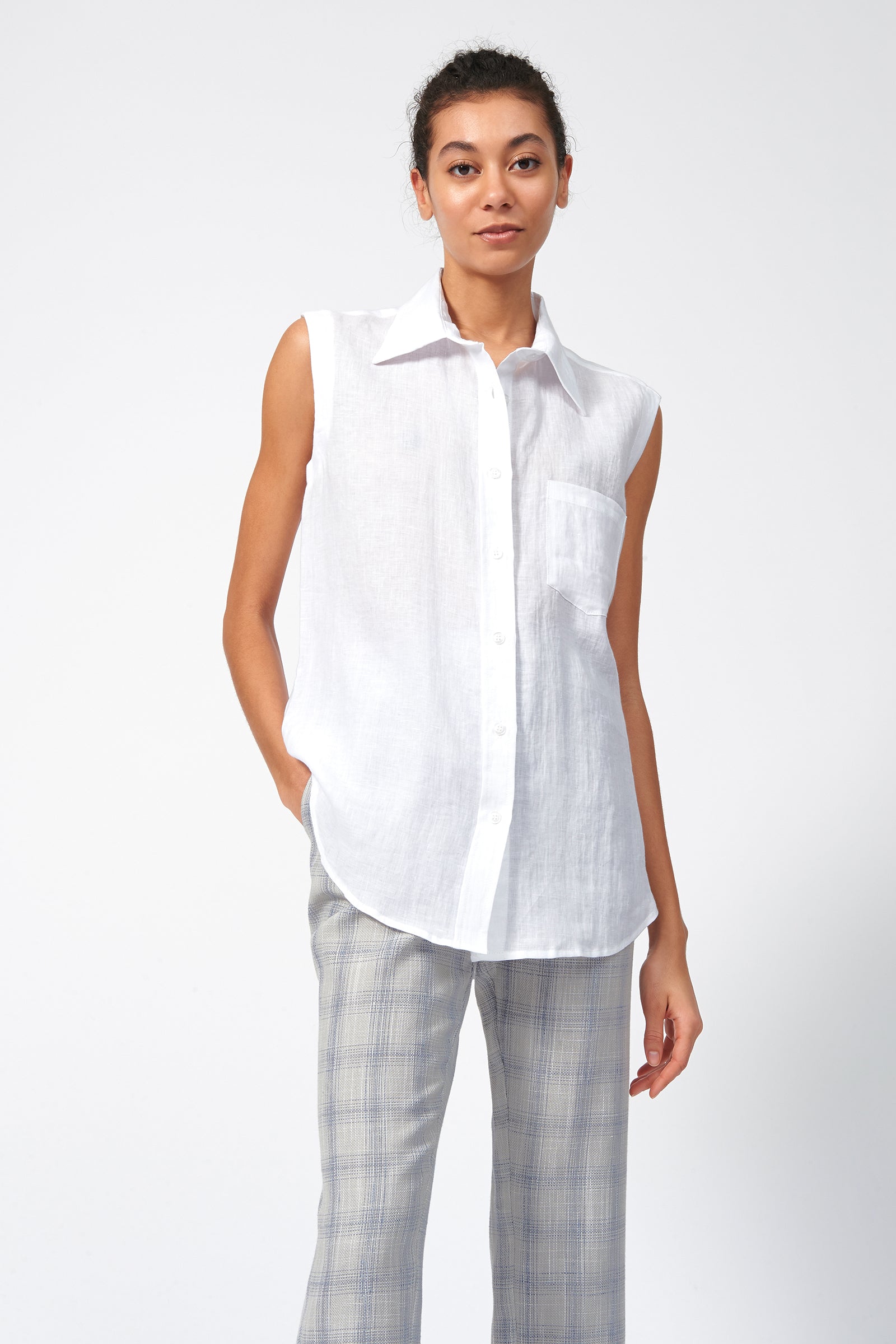 Kal Rieman Sleeveless Summer Shirt in White Linen on Model Front View