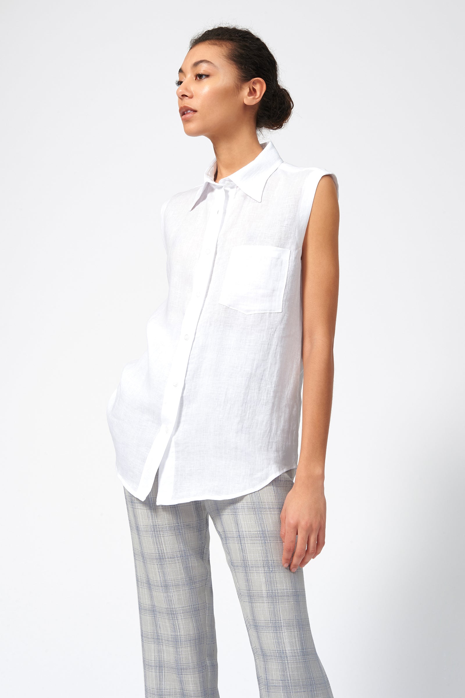 Kal Rieman Sleeveless Summer Shirt in White Linen on Model Front View