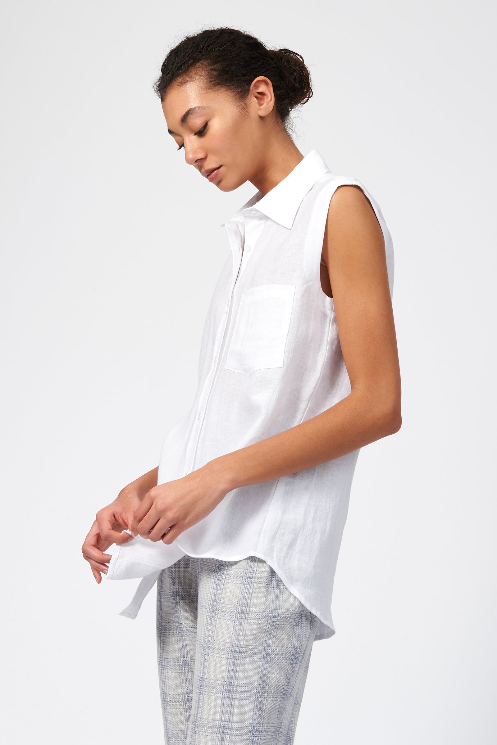 Kal Rieman Sleeveless Summer Shirt in White Linen on Model Side View