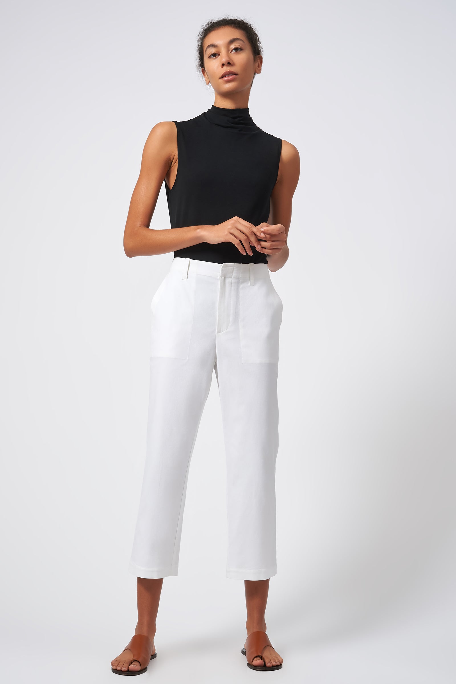 Kal Rieman Stove Pipe Crop Pant Italian Stretch Cotton Natural  On Model Front View