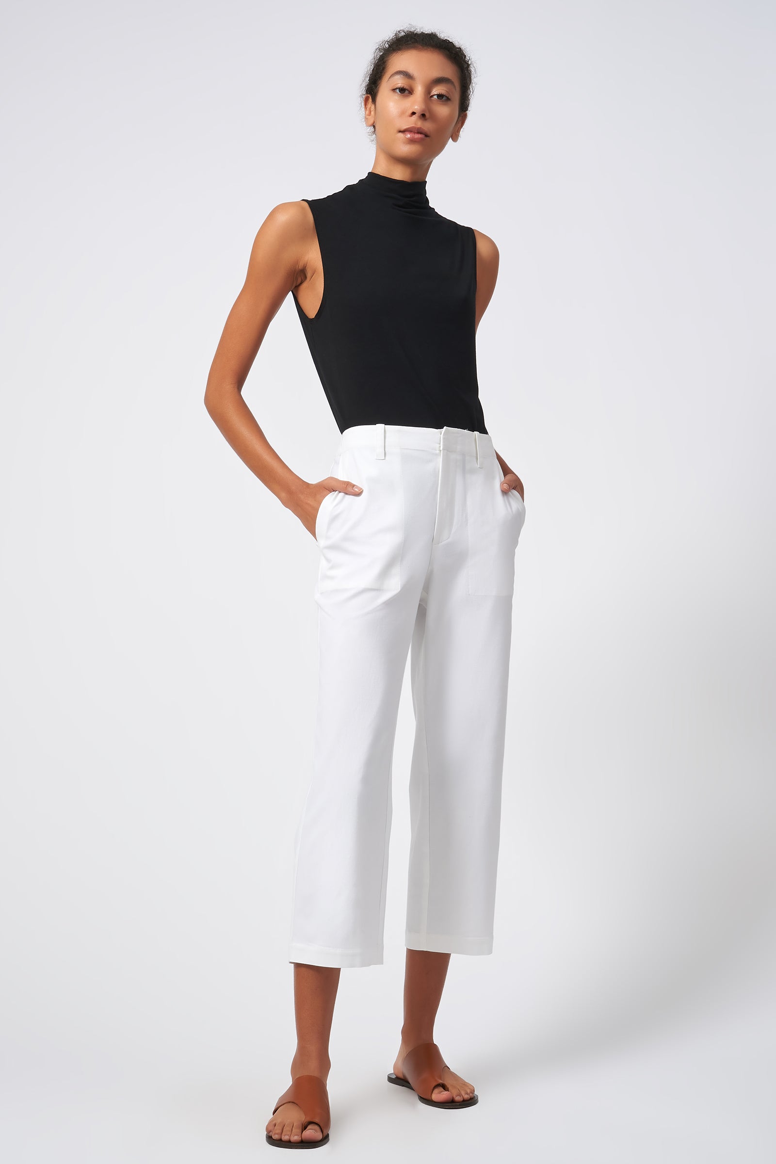 Kal Rieman Stove Pipe Crop Pant Italian Stretch Cotton Natural  On Model Front View 2