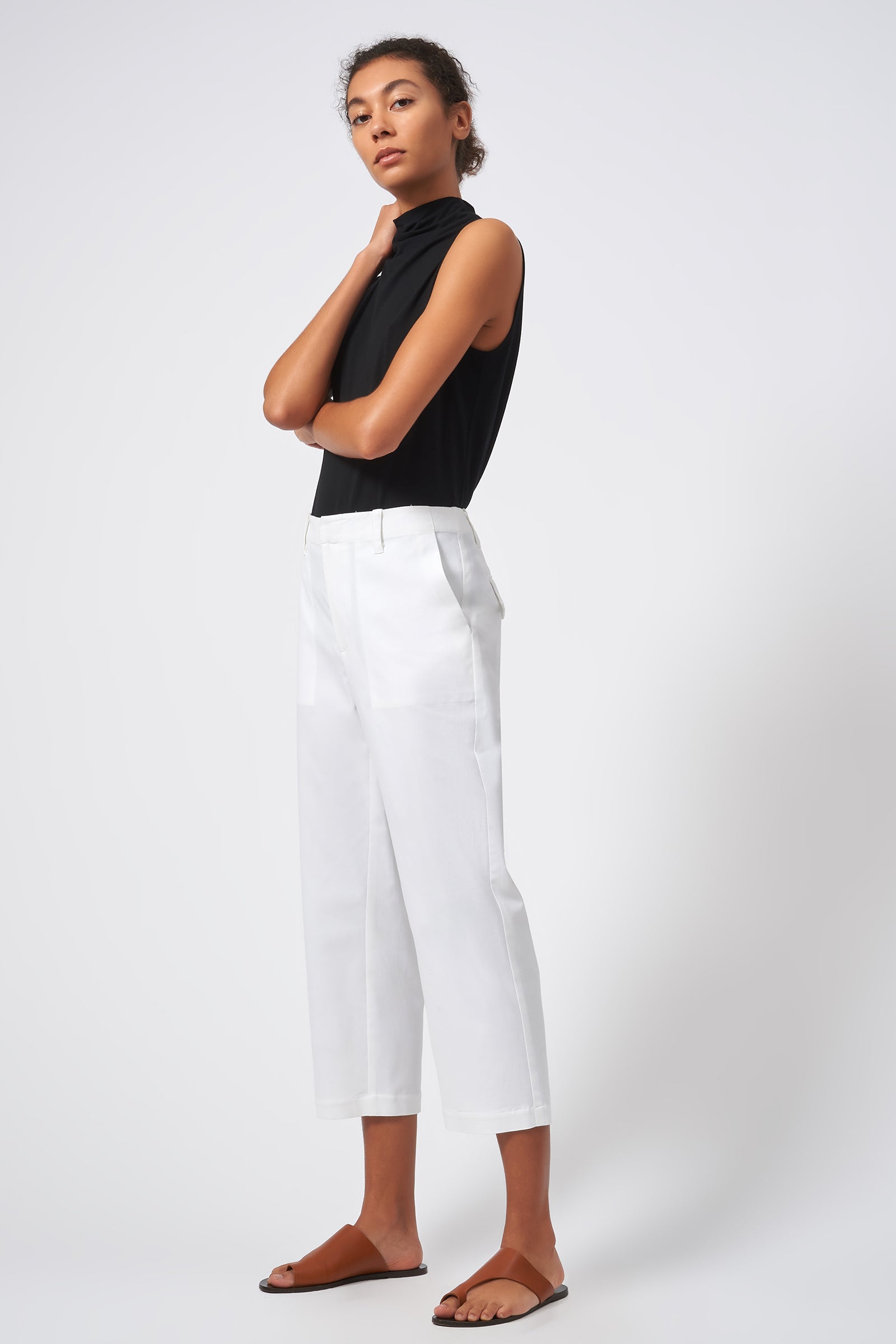 Kal Rieman Stove Pipe Crop Pant Italian Stretch Cotton Natural  On Model Side View