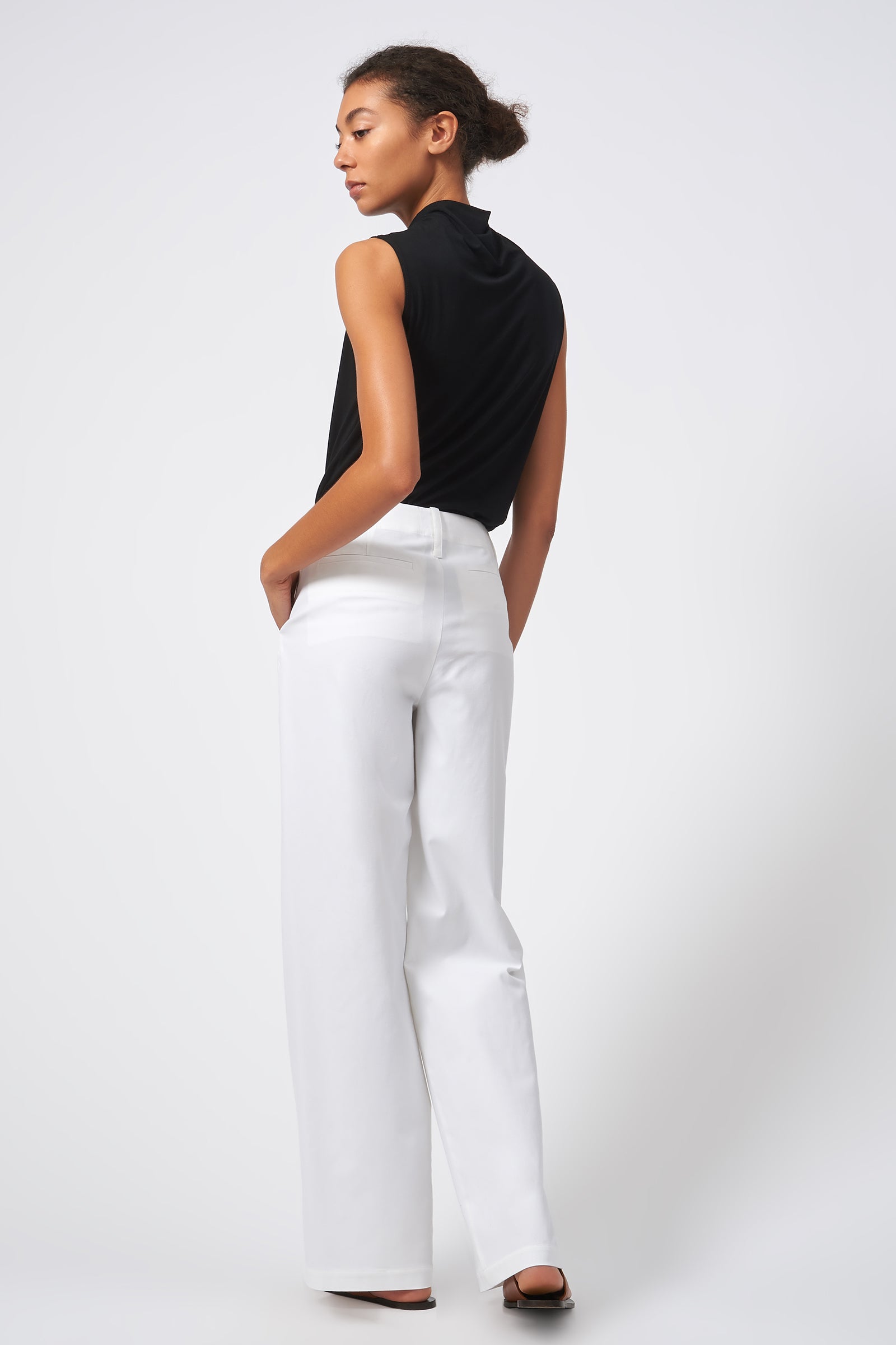 Kal Rieman Stove Pipe Full Length Pant Italian Stretch Cotton Ecru On Model Back View