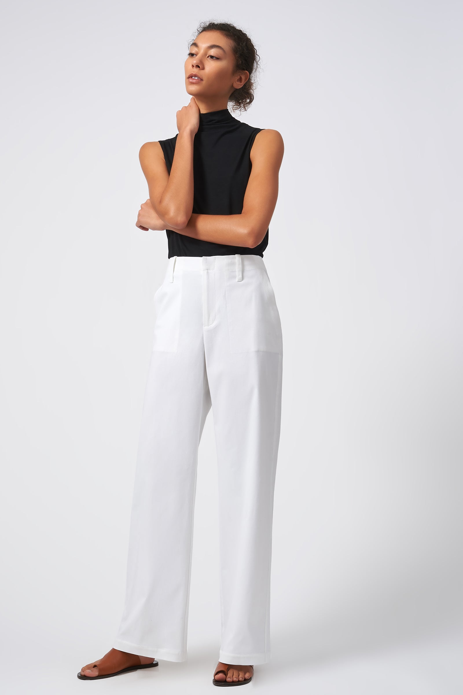Kal Rieman Stove Pipe Full Length Pant Italian Stretch Cotton Ecru On Model Front View