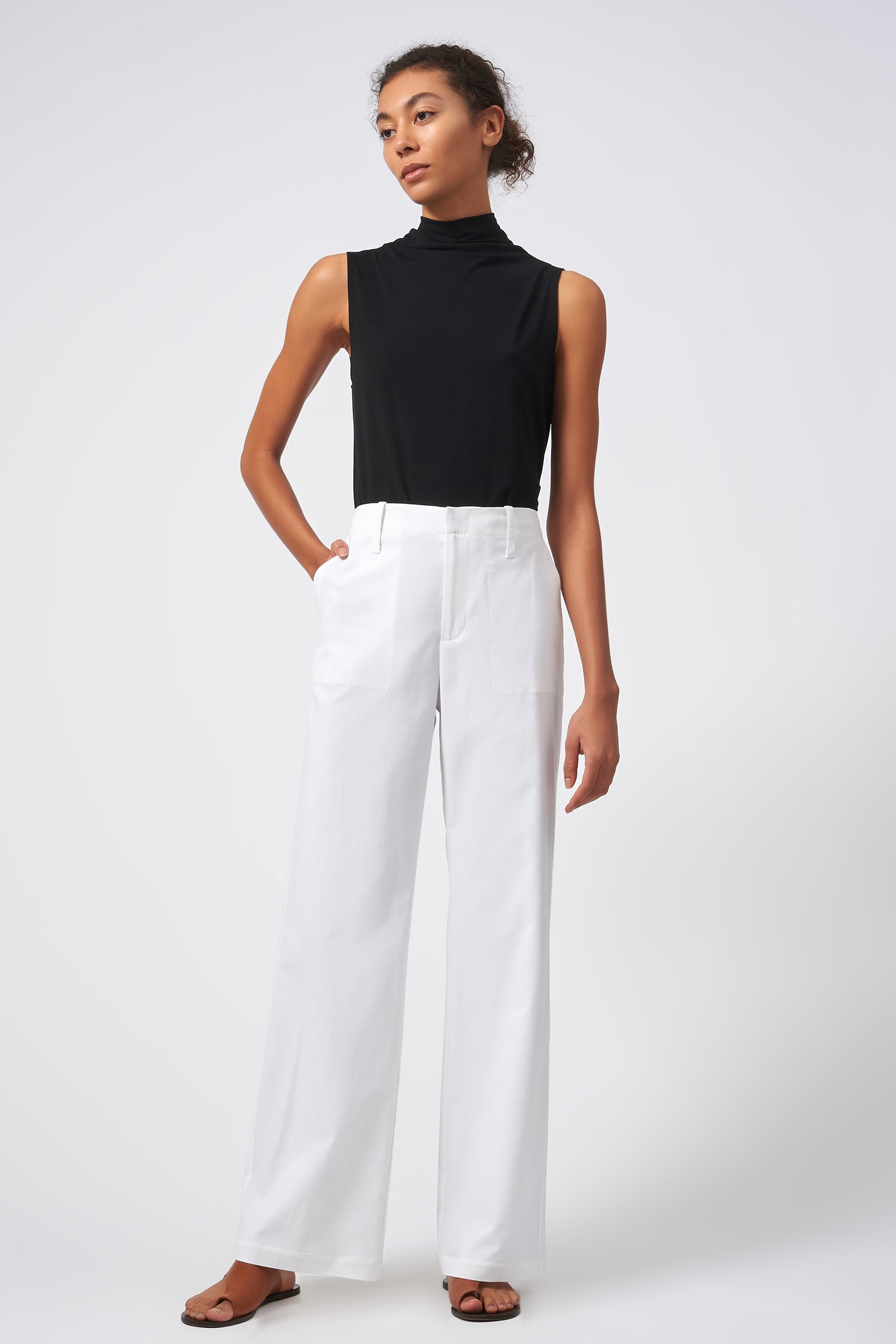 Kal Rieman Stove Pipe Full Length Pant Italian Stretch Cotton Ecru On Model Front View 2