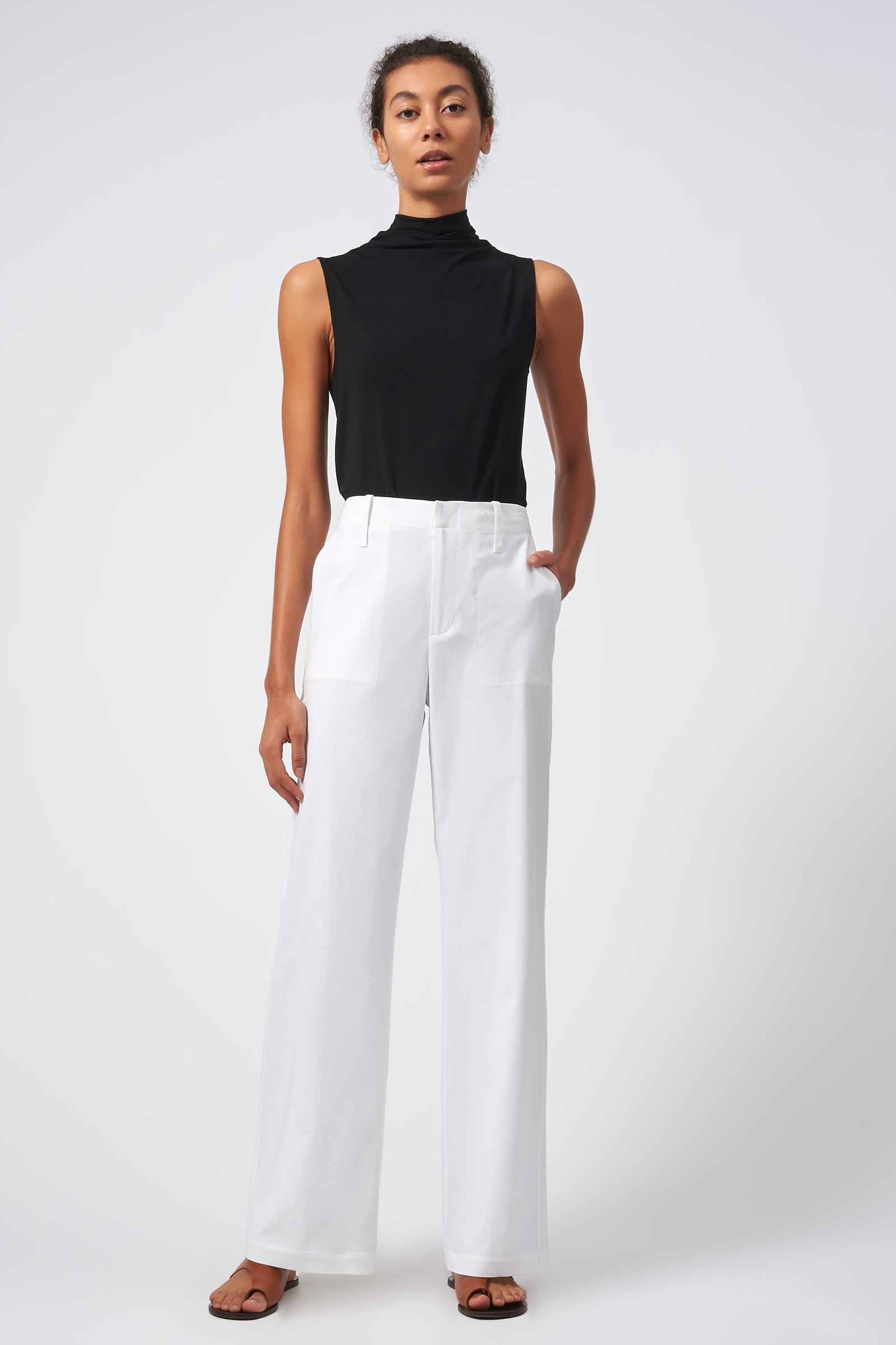 Kal Rieman Stove Pipe Full Length Pant Italian Stretch Cotton Ecru On Model Front View 3