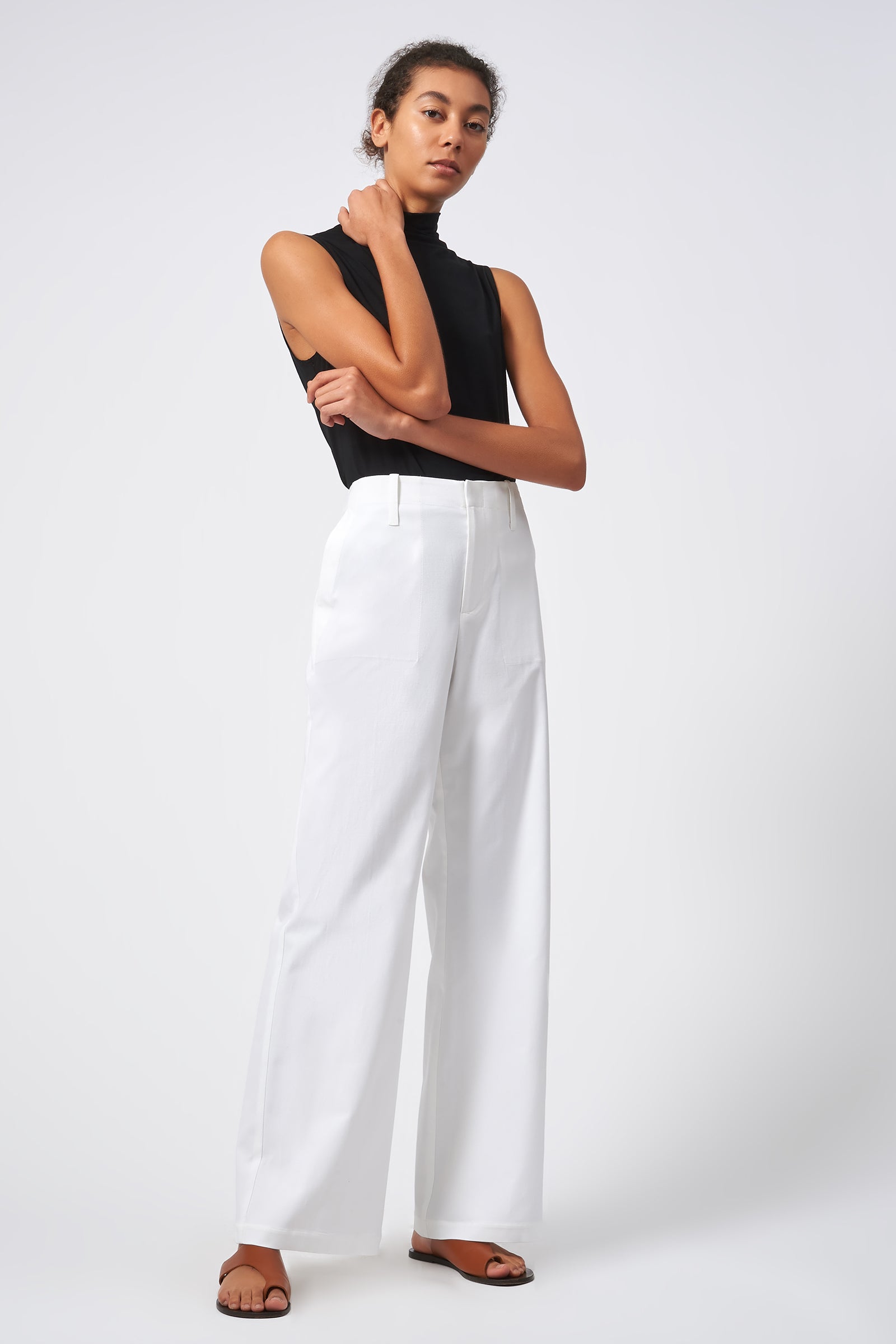 Kal Rieman Stove Pipe Full Length Pant Italian Stretch Cotton Ecru On Model Front View 5