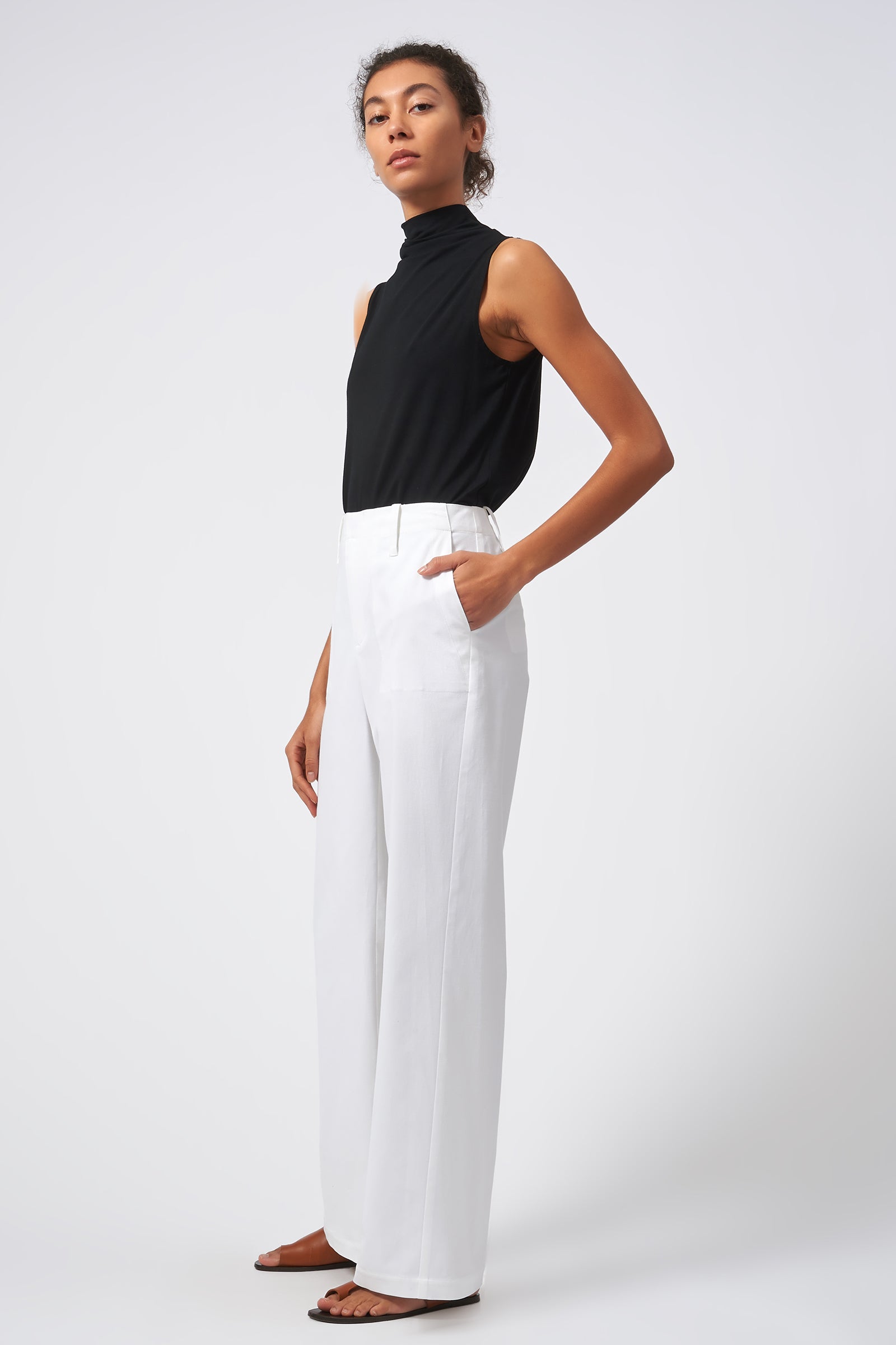 Kal Rieman Stove Pipe Full Length Pant Italian Stretch Cotton Ecru On Model Side View