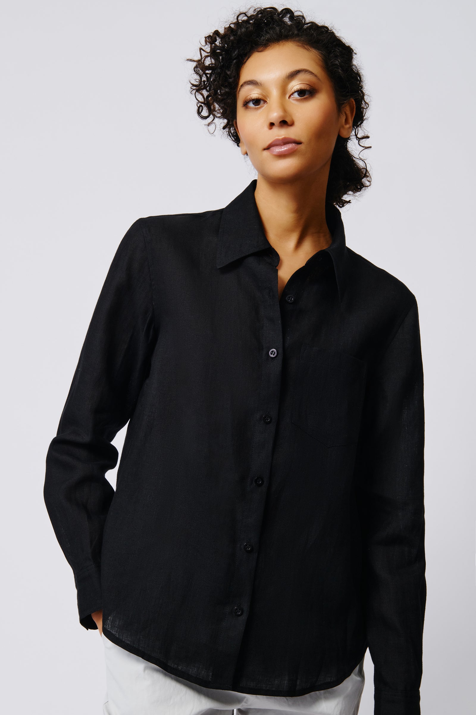 Kal Rieman Summer Shirt in Black on Model Front View Crop 2