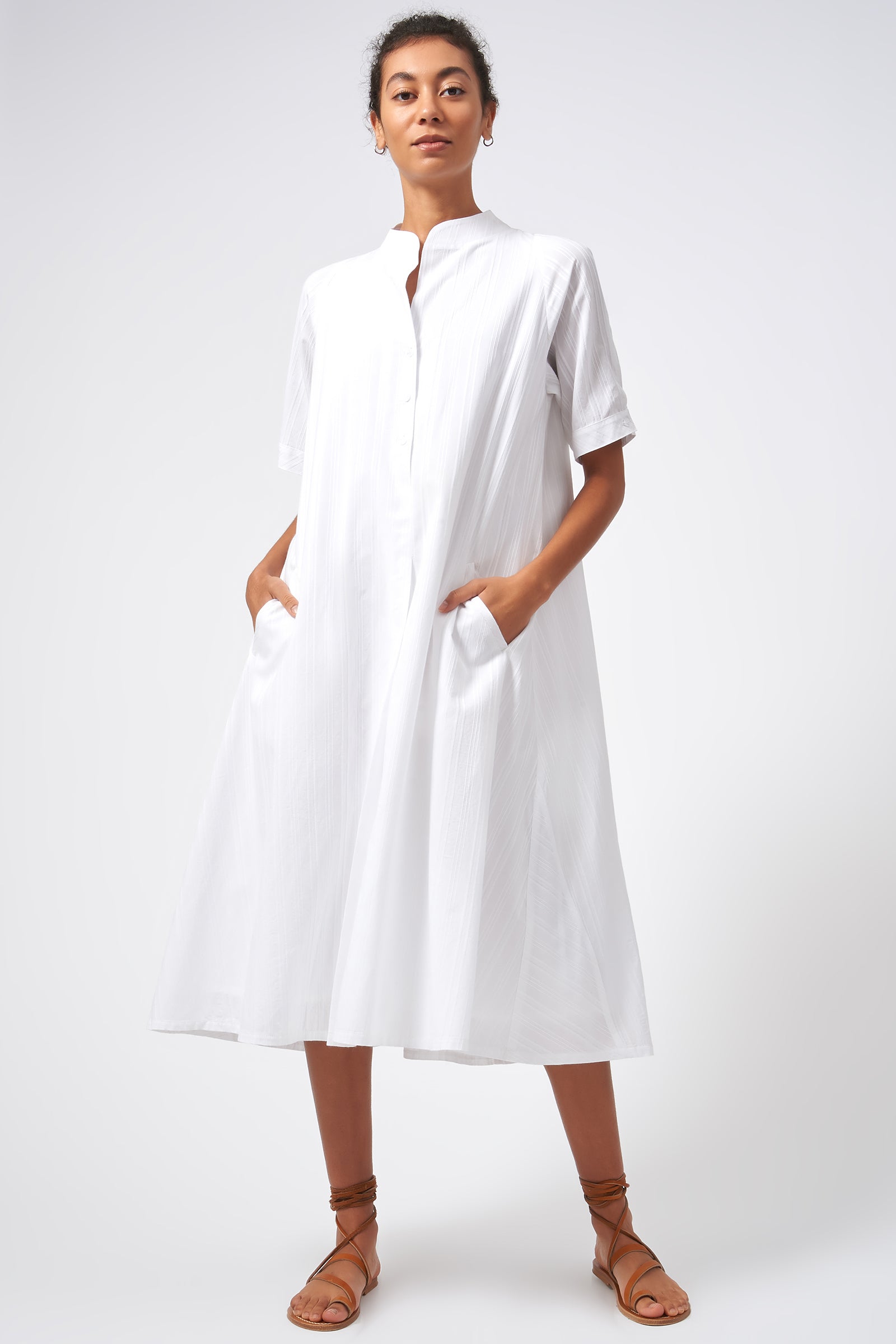 Kal Rieman Swing Dress White on White Stripe Front View Full on Model