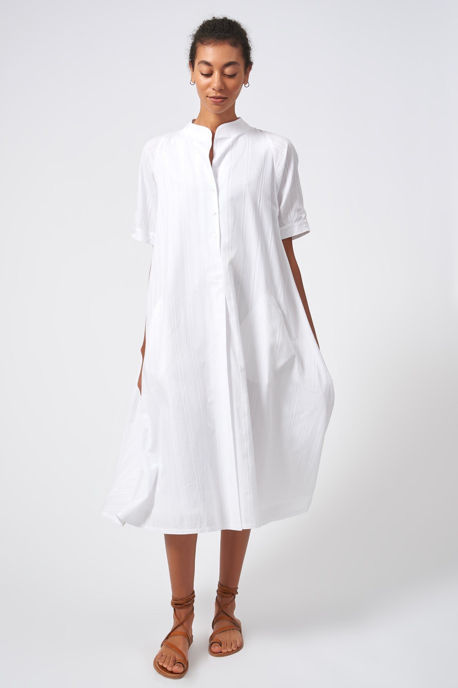 Kal Rieman Swing Dress White on White Stripe Front View Full 2 on Model