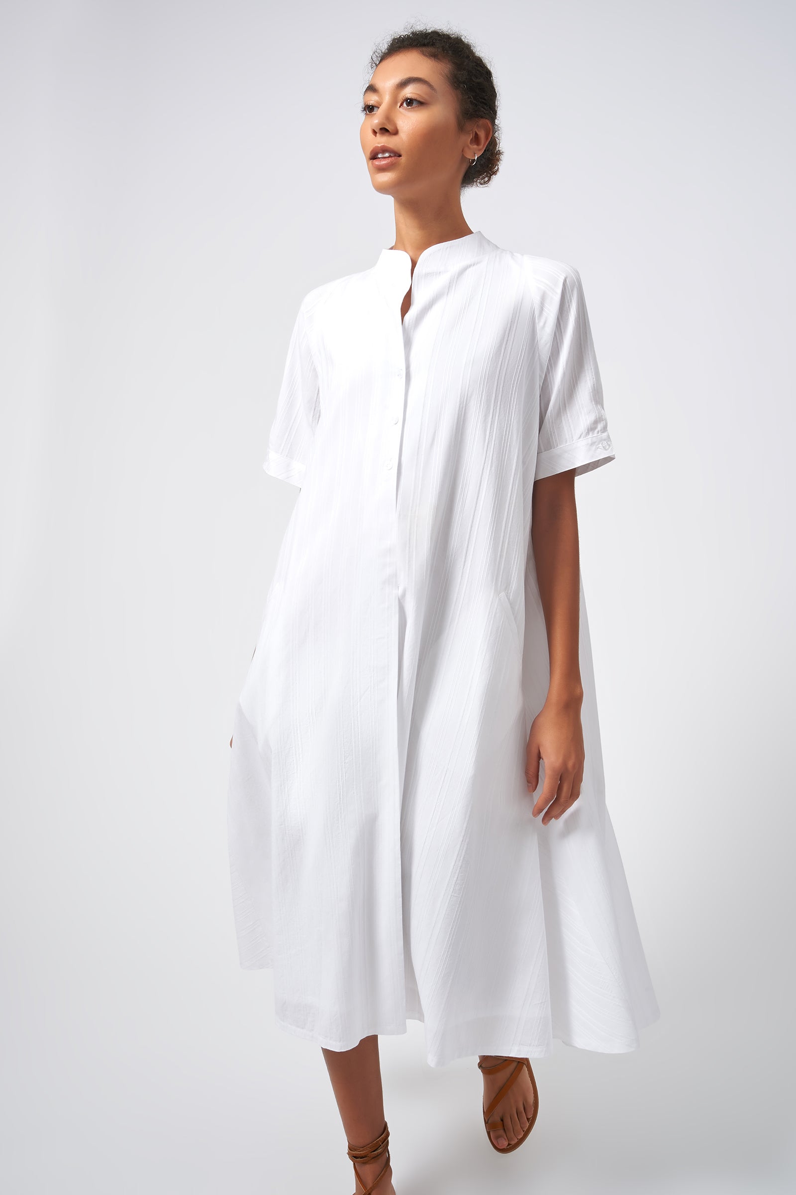 Kal Rieman Swing Dress White on White Stripe Front View on Model