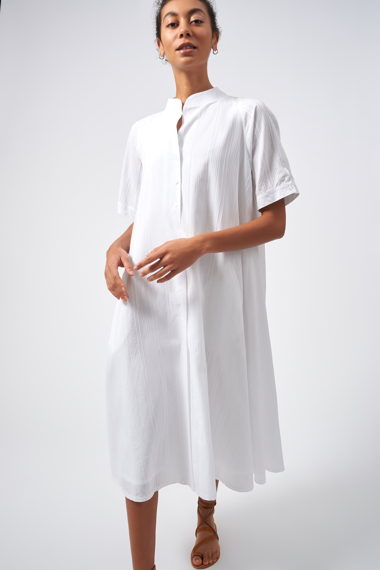 Kal Rieman Swing Dress White on White Stripe Front View 2 on Model