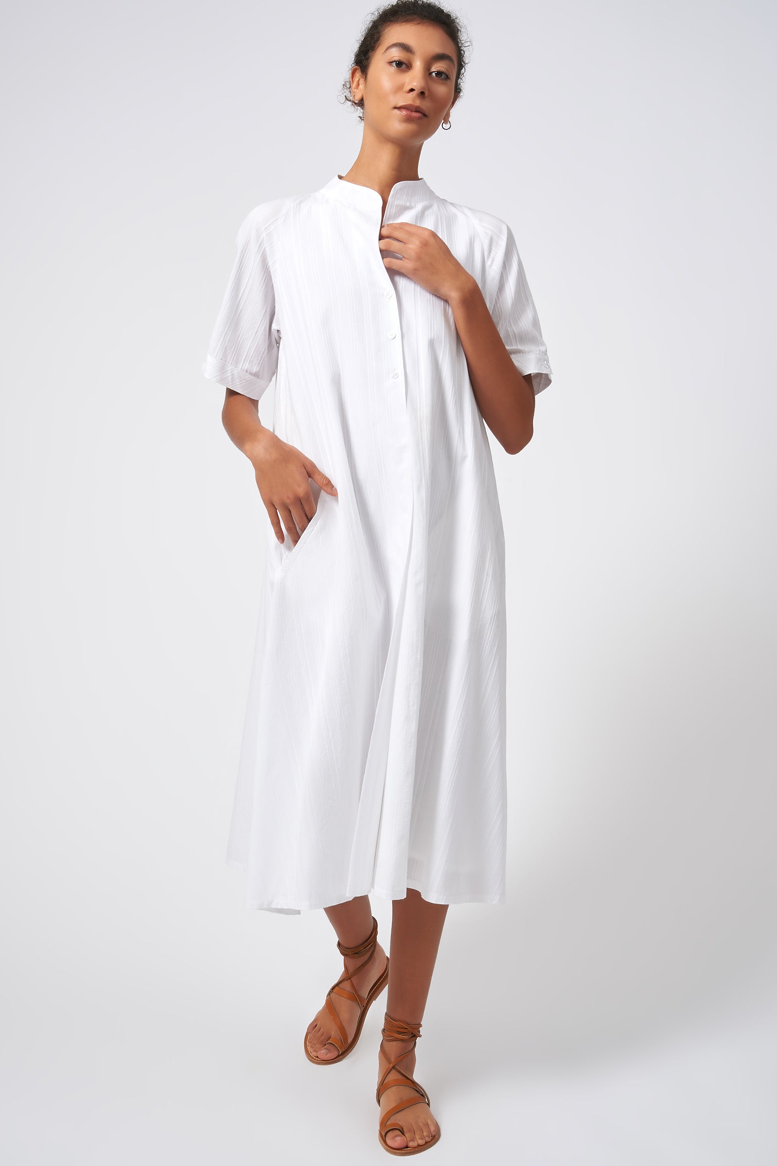 Kal Rieman Swing Dress White on White Stripe Front View 3 on Model