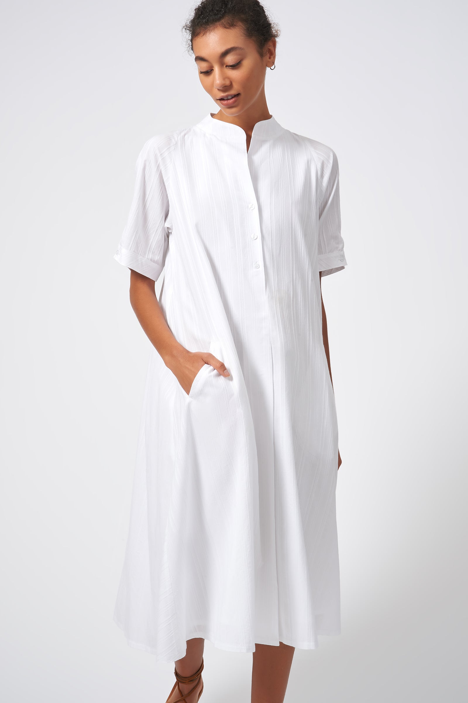 Kal Rieman Swing Dress White on White Stripe Front View 4 on Model