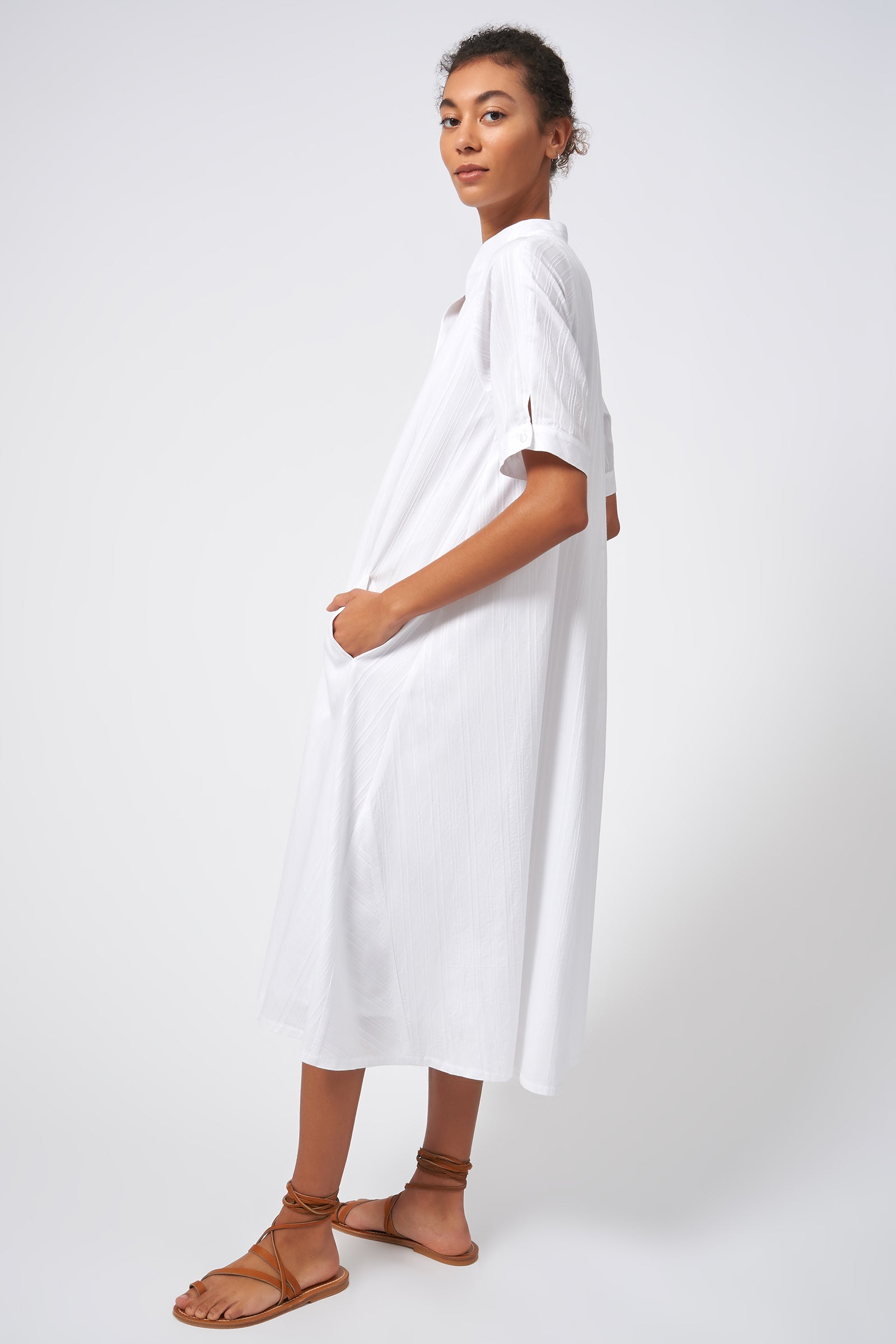 Kal Rieman Swing Dress White on White Stripe Side View on Model