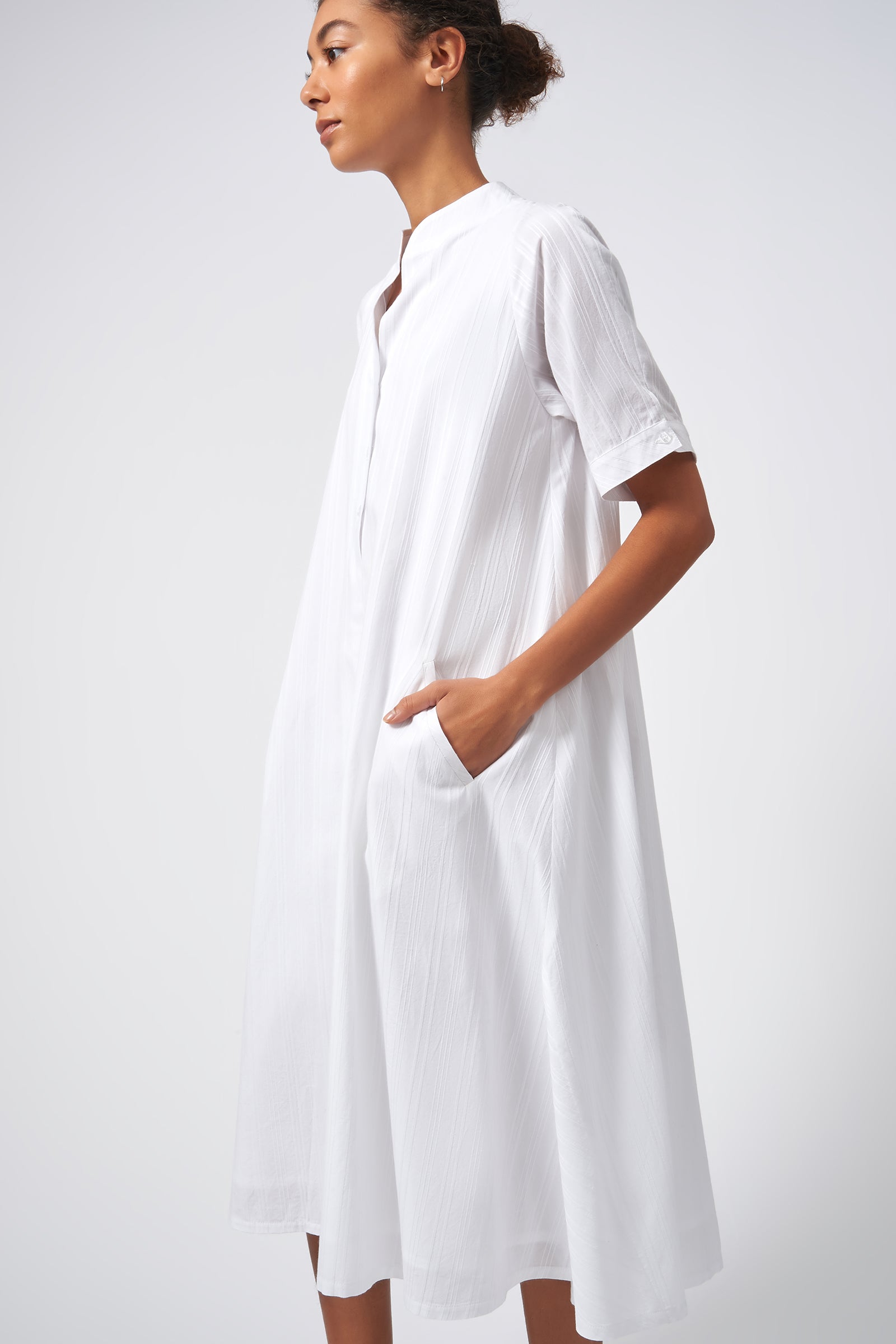 Kal Rieman Swing Dress White on White Stripe Side View 2 on Model