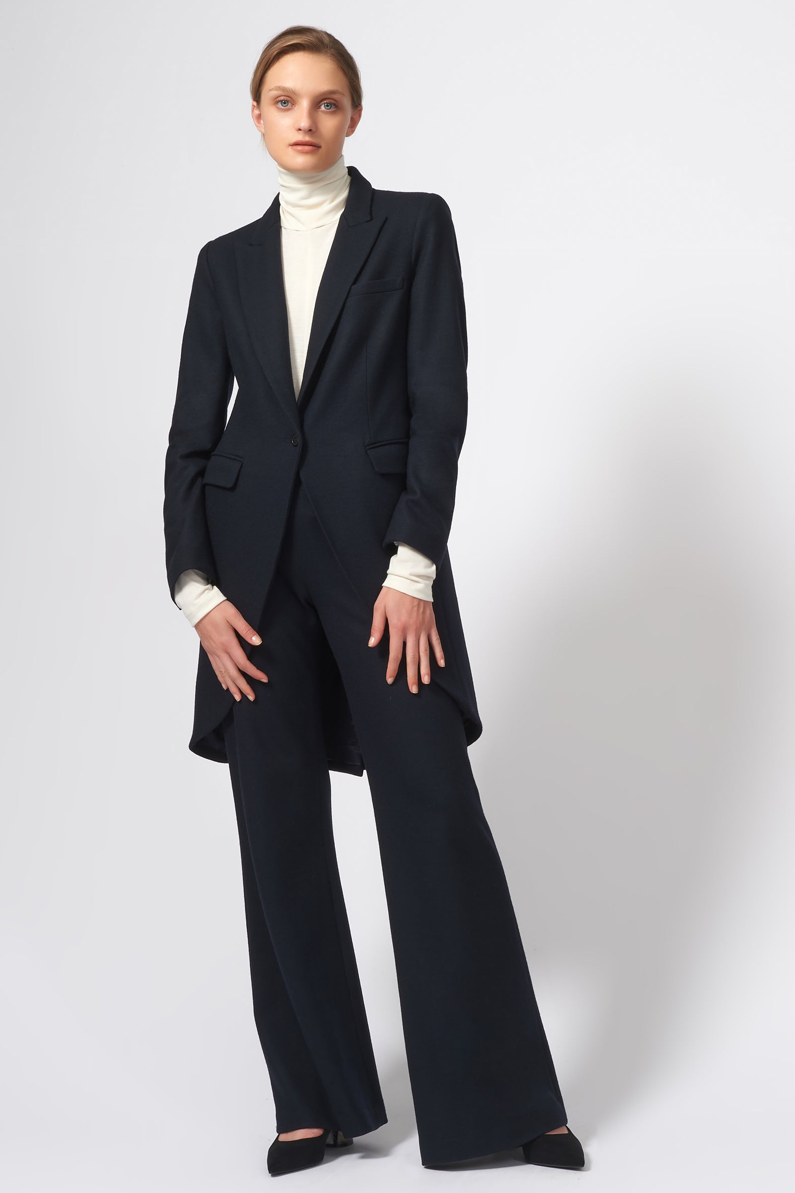 Kal Rieman Tailored Tux Blazer in Felted Jersey in Midnight on Model Front Full View