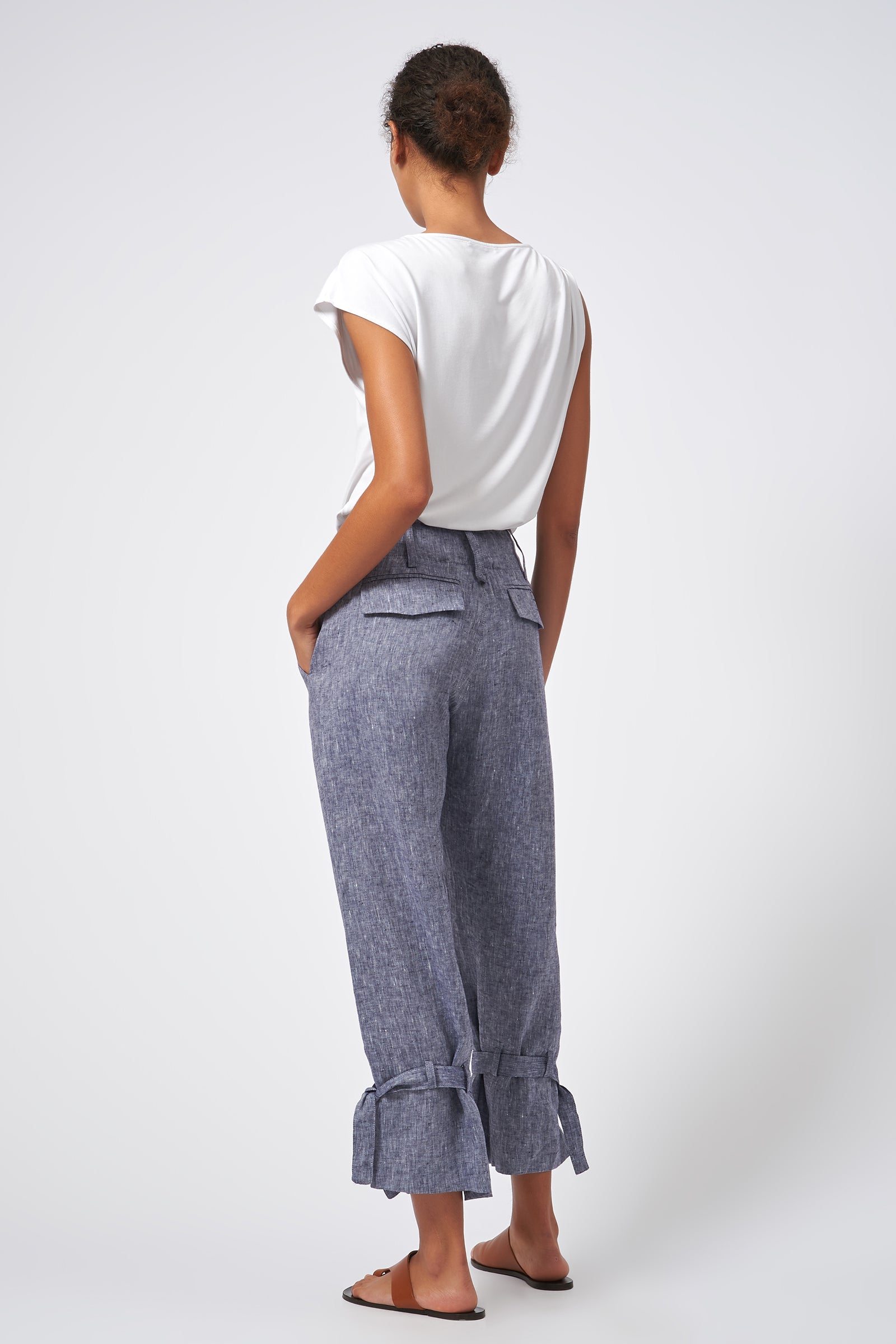 Kal Rieman Tie Bottom Trouser European Linen Indigo On Model Back View