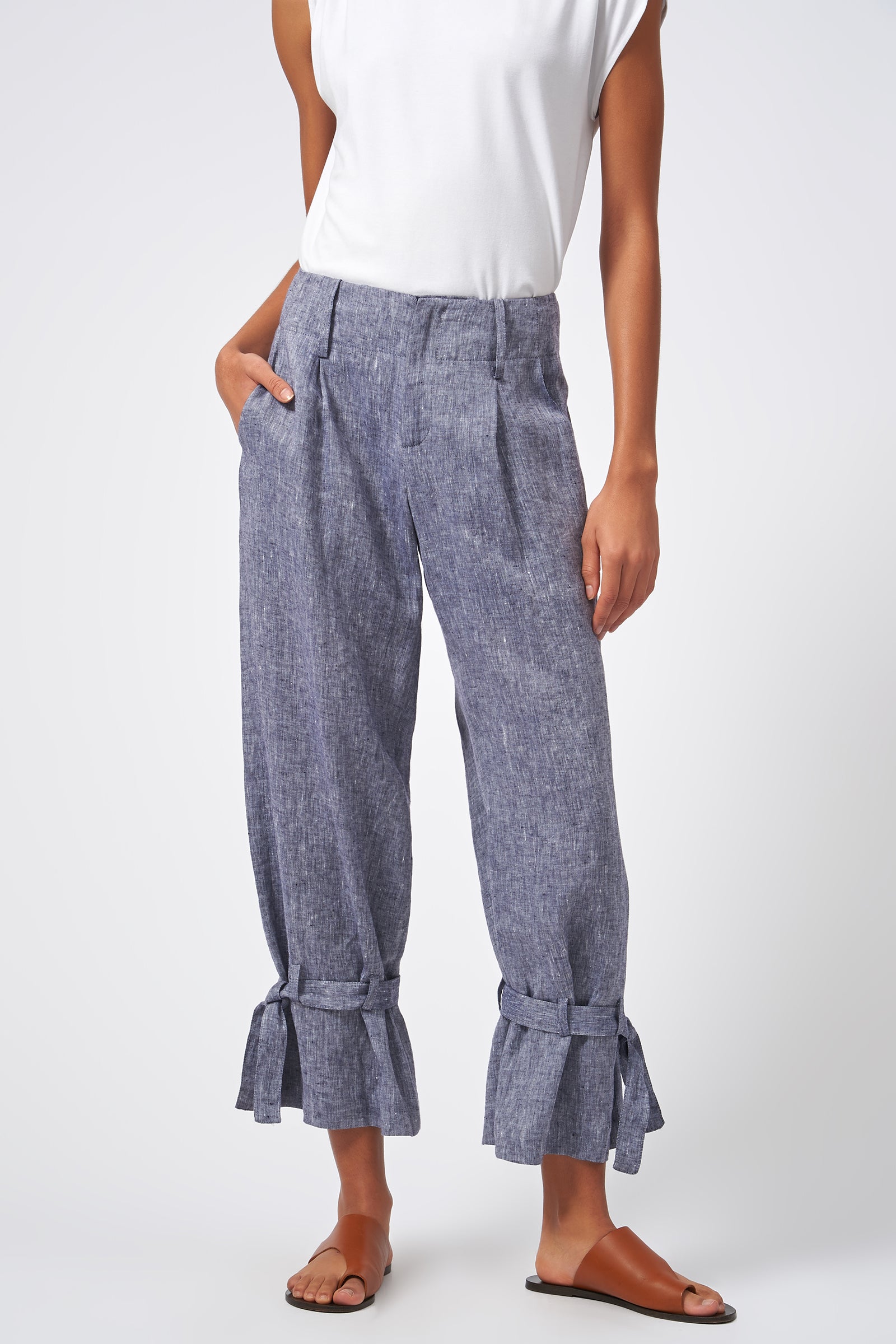 Kal Rieman Tie Bottom Trouser European Linen Indigo On Model Front View Detail