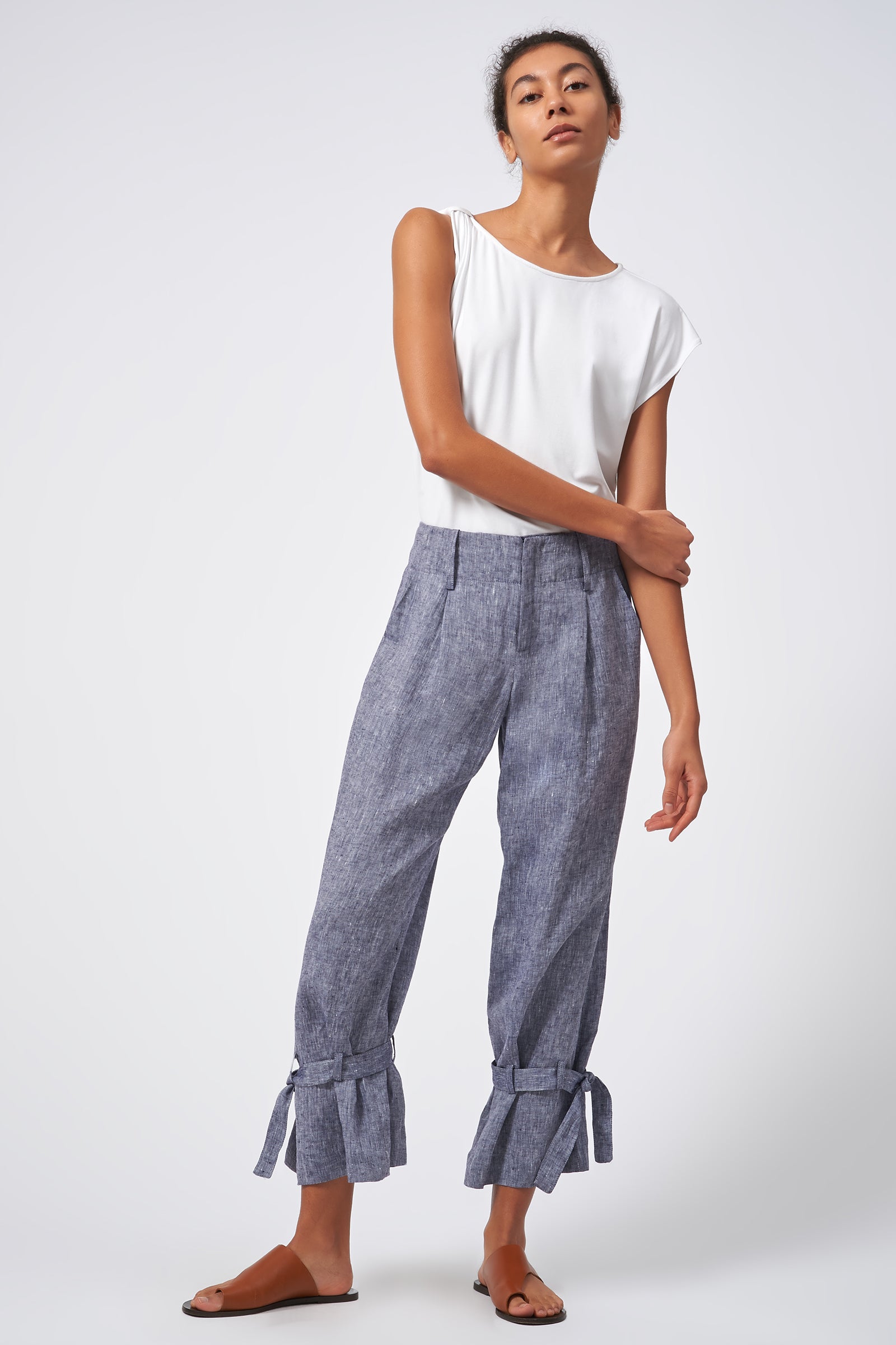 Kal Rieman Tie Bottom Trouser European Linen Indigo On Model Front View Full