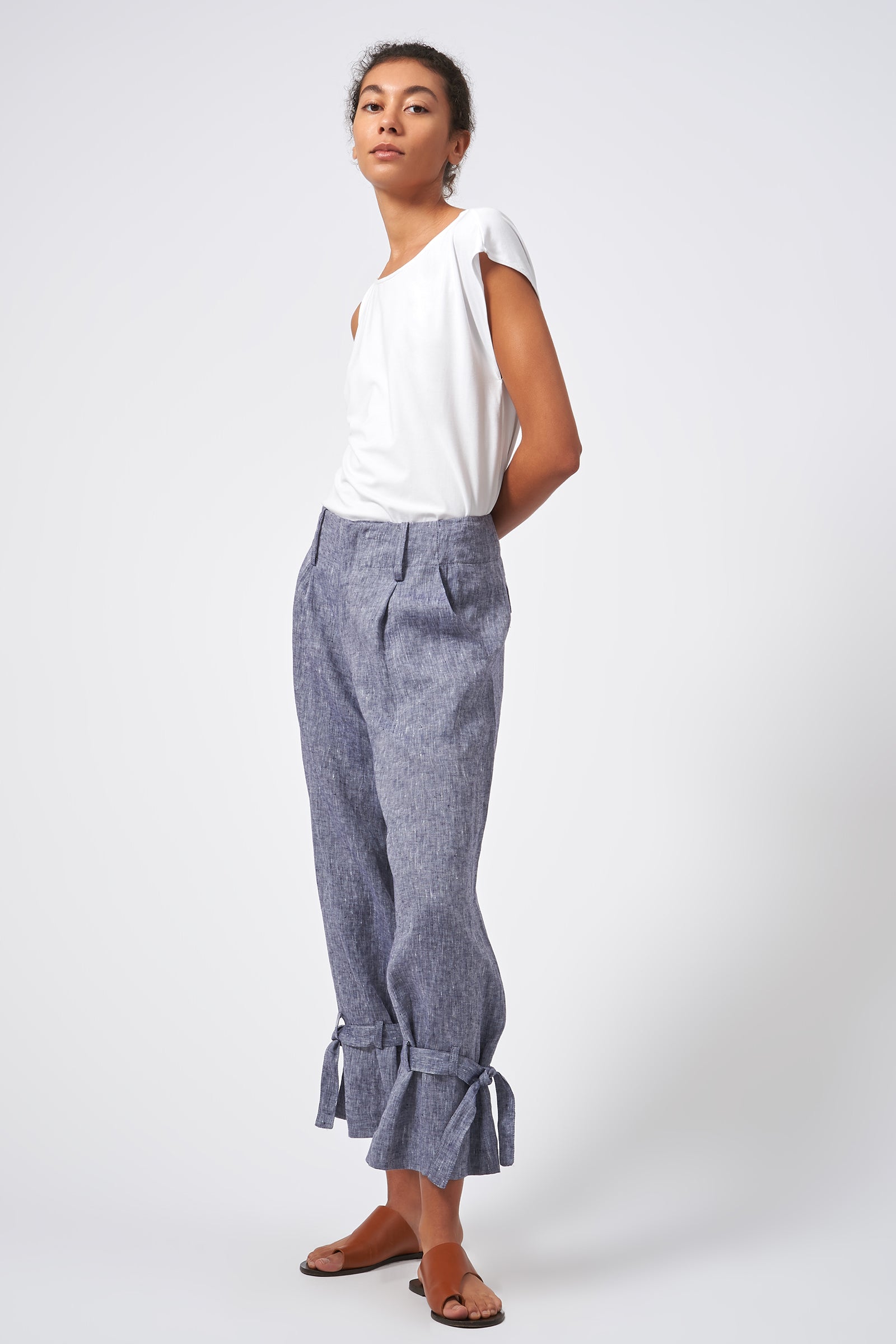 Kal Rieman Tie Bottom Trouser European Linen Indigo On Model Front View Full 2