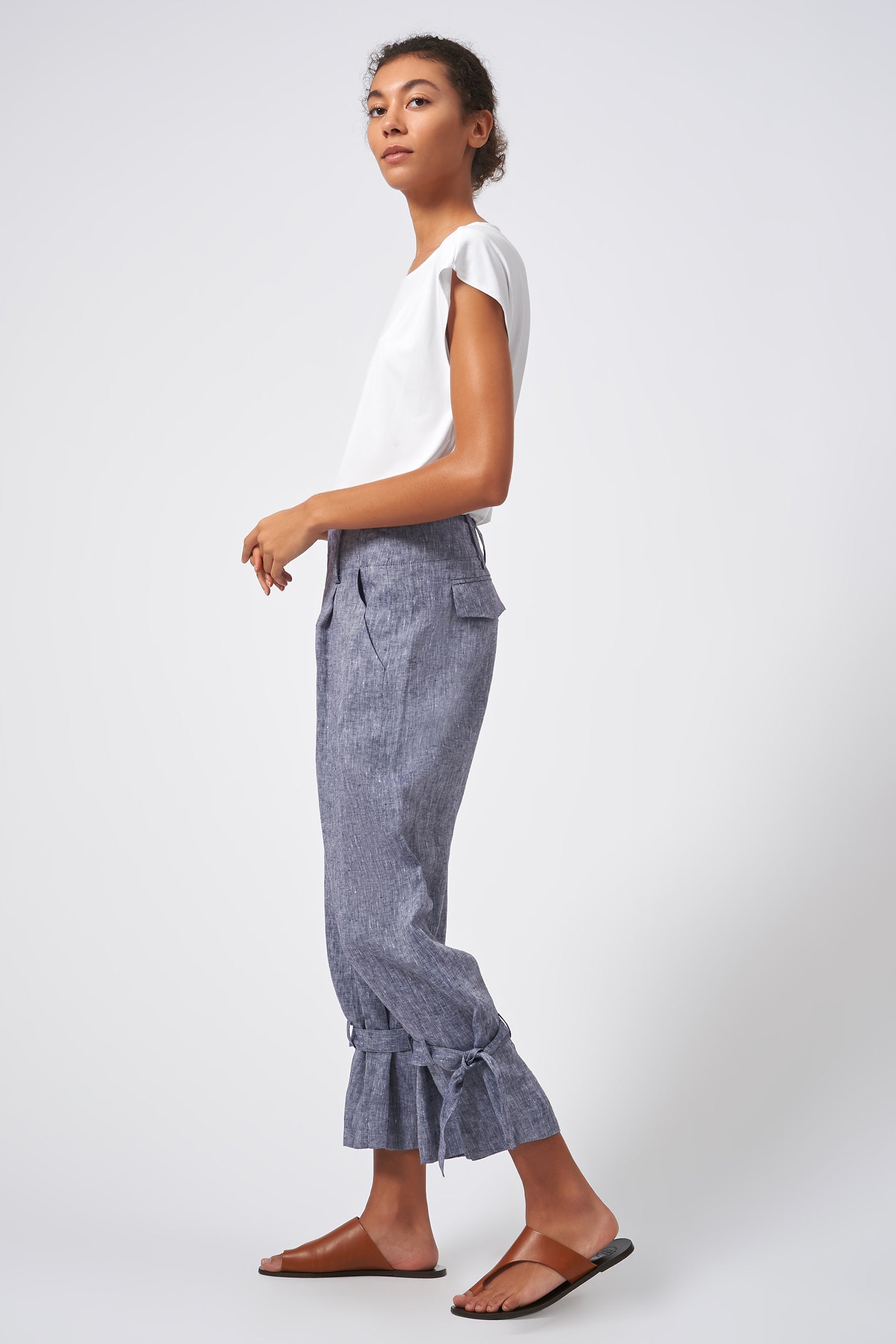 Kal Rieman Tie Bottom Trouser European Linen Indigo On Model Side View